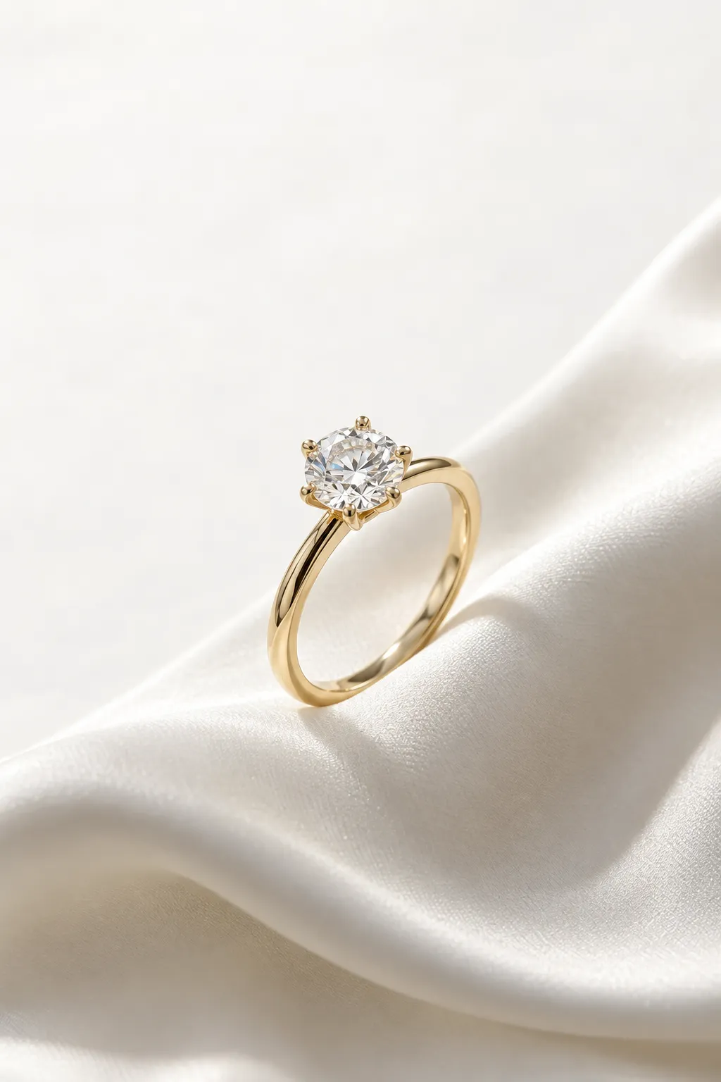 Verlobungsring mit 1 Karat Diamant im Brillantschliff in Gelbgold, aufrecht auf einer Welle aus elfenbeinfarbener Seide