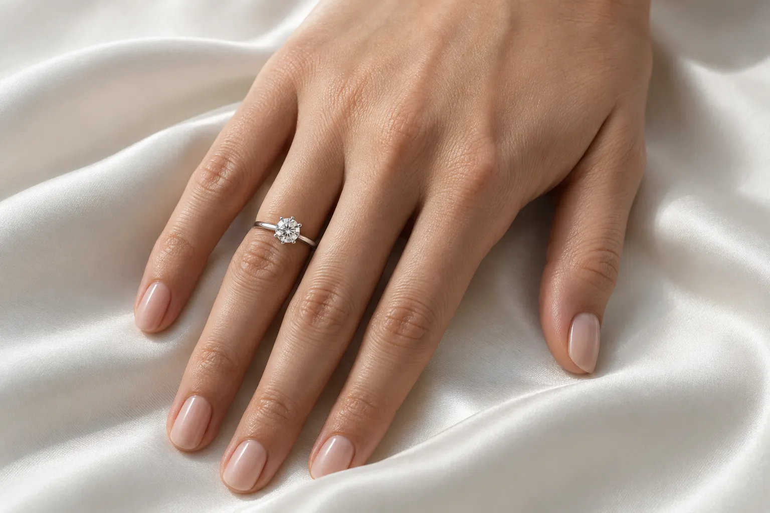 Hand auf weisser Seide mit einem Platin-Solitär mit 1 Karat Diamant am Ringfinger, realistische Grösse am Finger