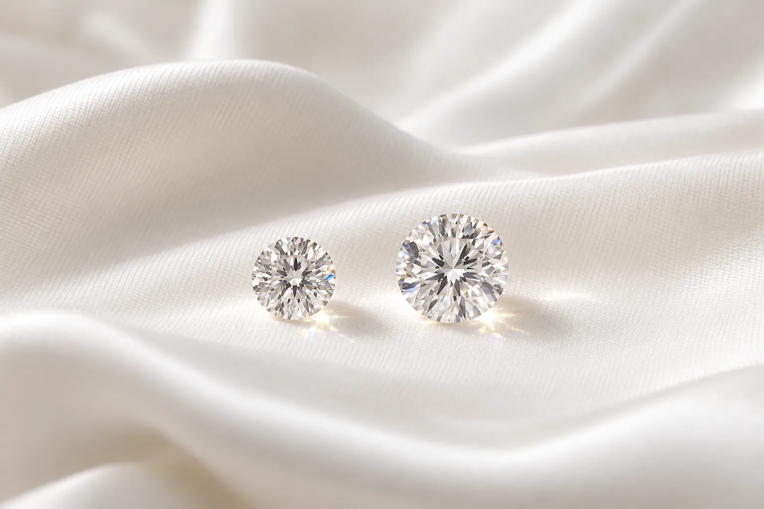 Zwei lose Diamanten im Brillantschliff auf Seide: links 1 Karat, rechts 2 Karat, im realistischen Grössenvergleich