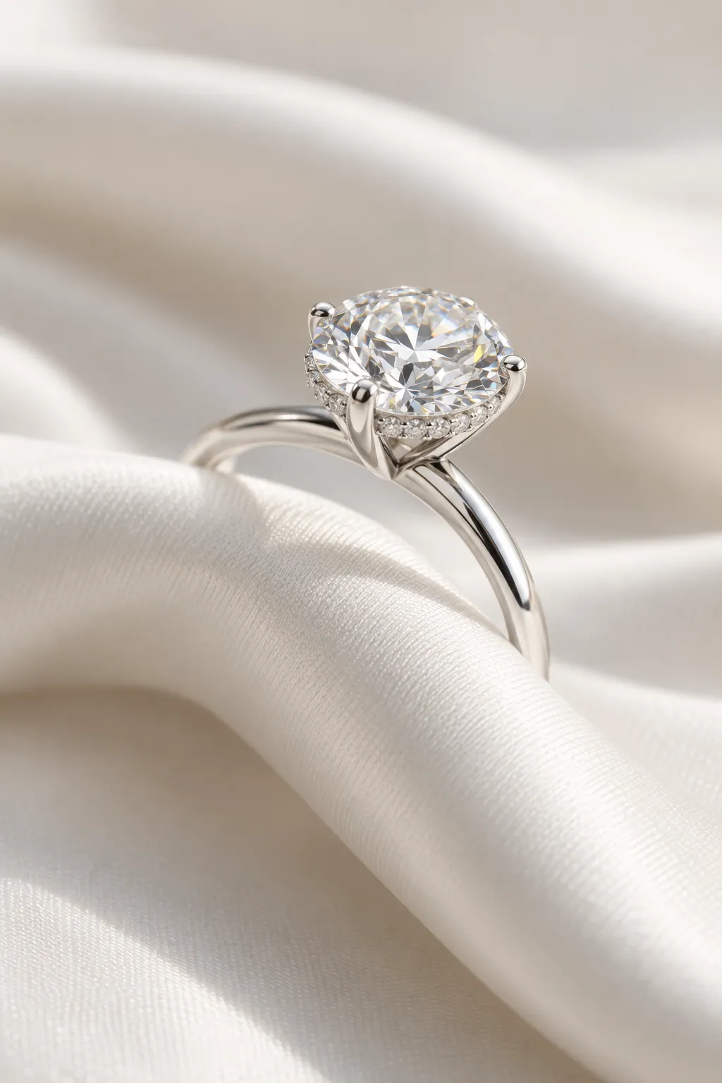 2 carat engagement ring with a round brilliant diamond and hidden halo in platinum, on a wave of ivory silk
