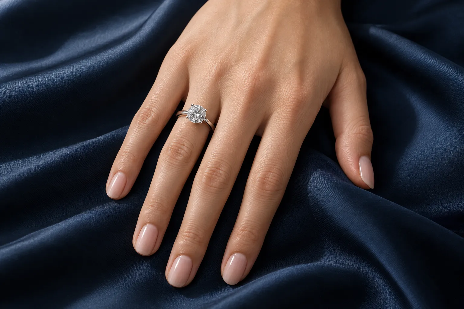 Hand on navy silk wearing an engagement ring with a 2 carat diamond on the ring finger, realistic size