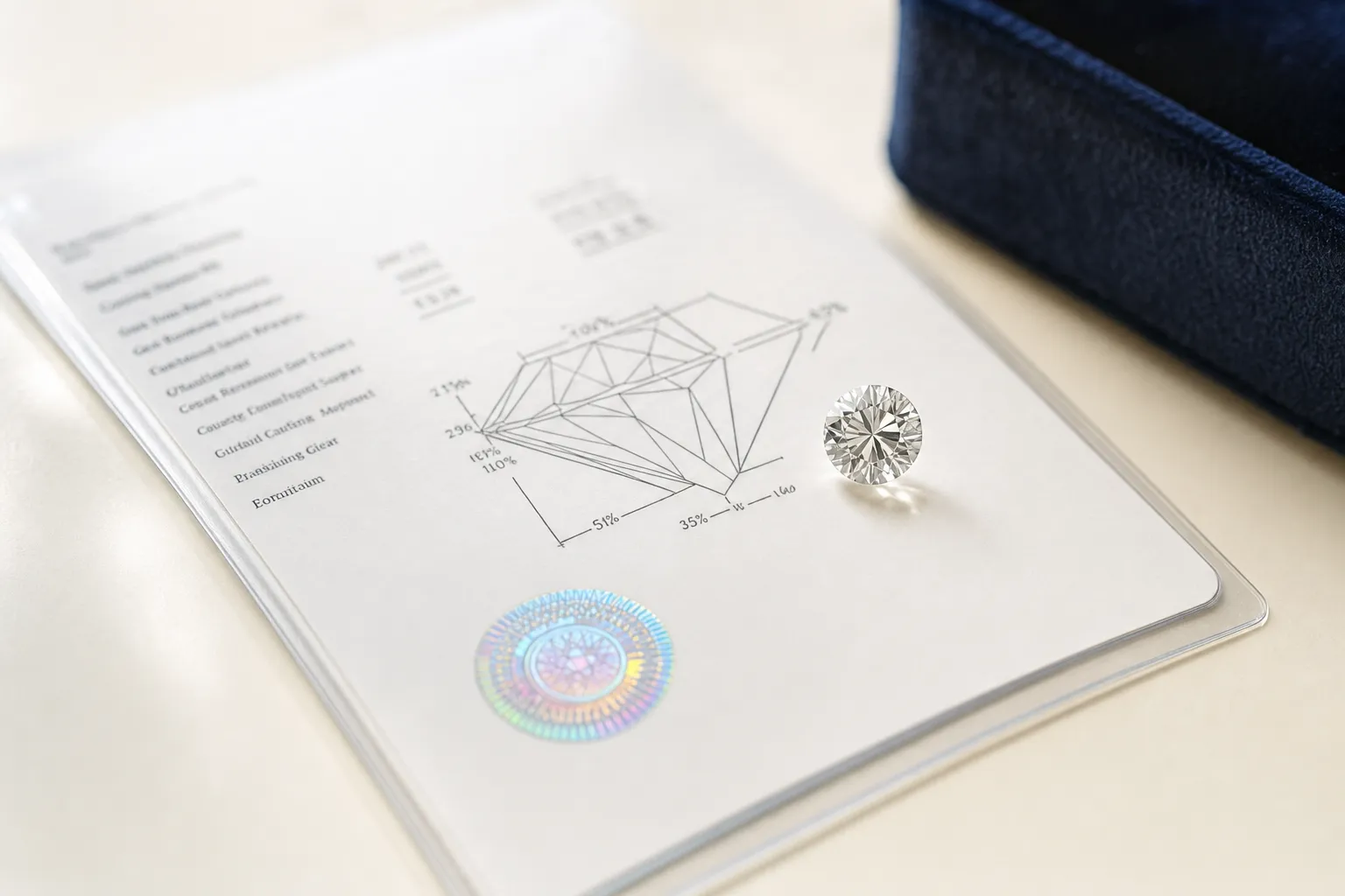 Ein Diamant-Zertifikat mit Diagramm liegt neben einem losen Diamanten auf einem hellen Tisch