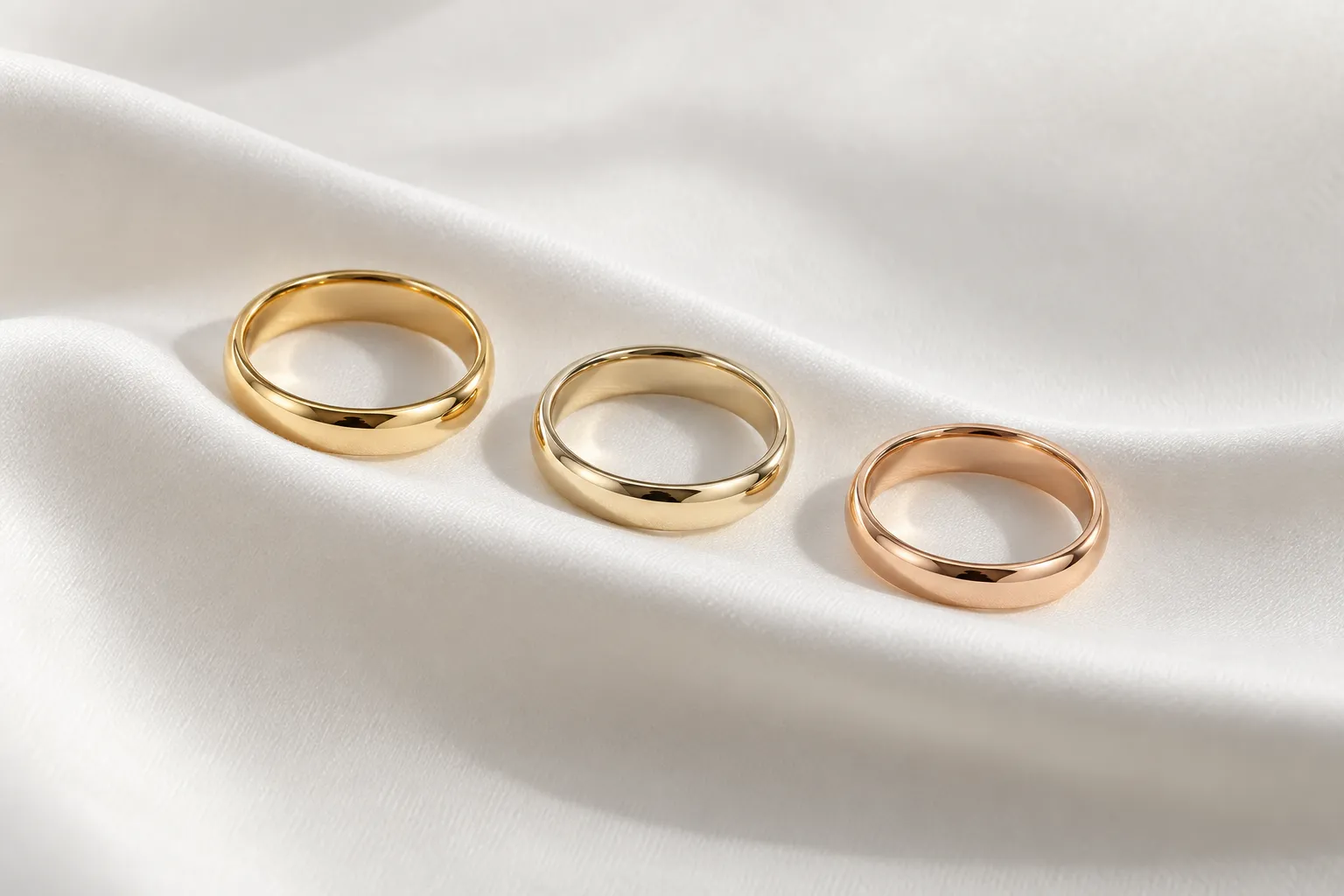 Drei schlichte Goldringe nebeneinander auf weisser Seide: Gelbgold, Champagnergold und Roségold im Farbvergleich