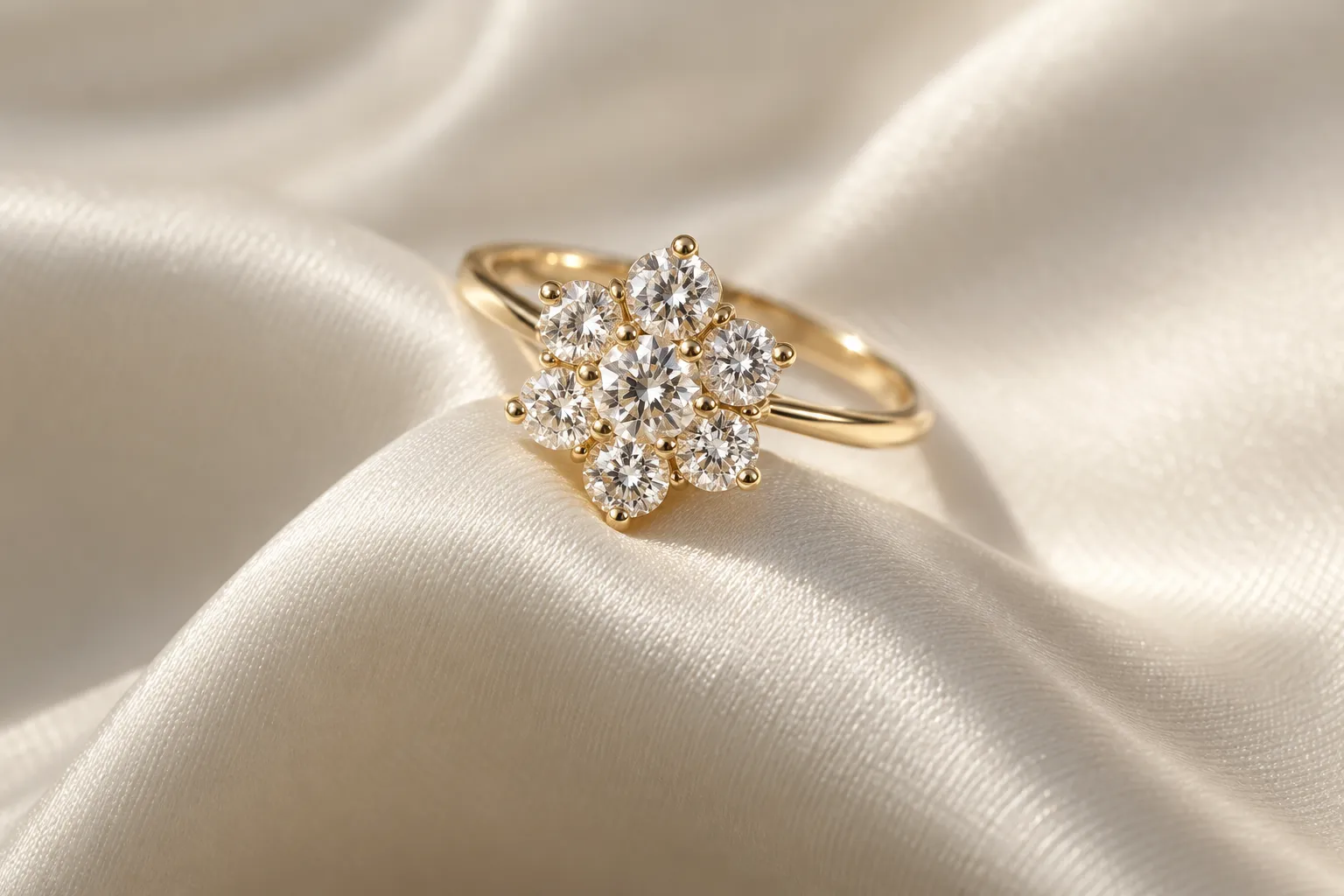 Cluster ring in yellow gold with seven brilliant diamonds in a flower shape, on a wave of ivory silk