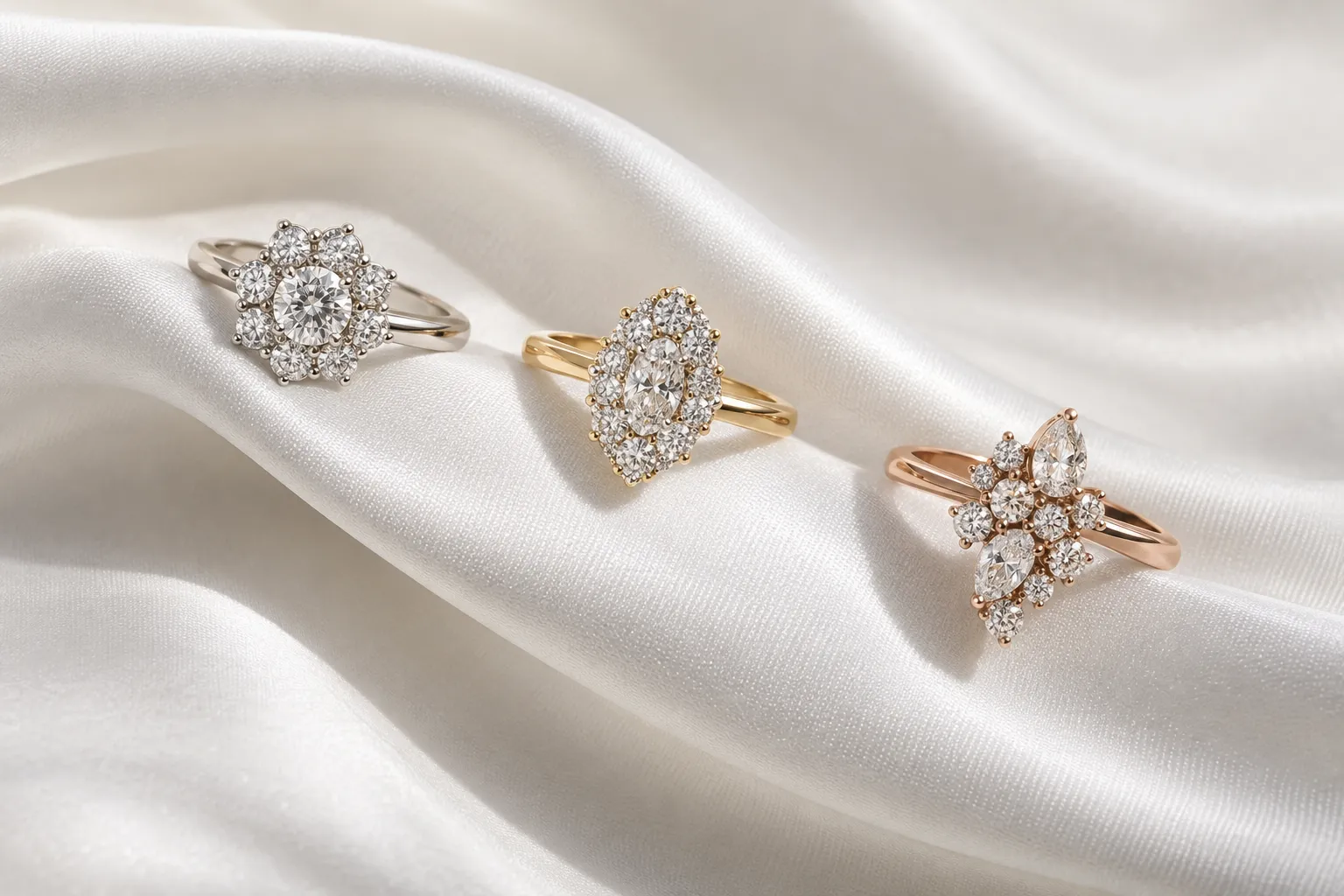 Three cluster rings along a silk wave: flower in white gold, oval cluster in yellow gold, irregular cluster in rose gold