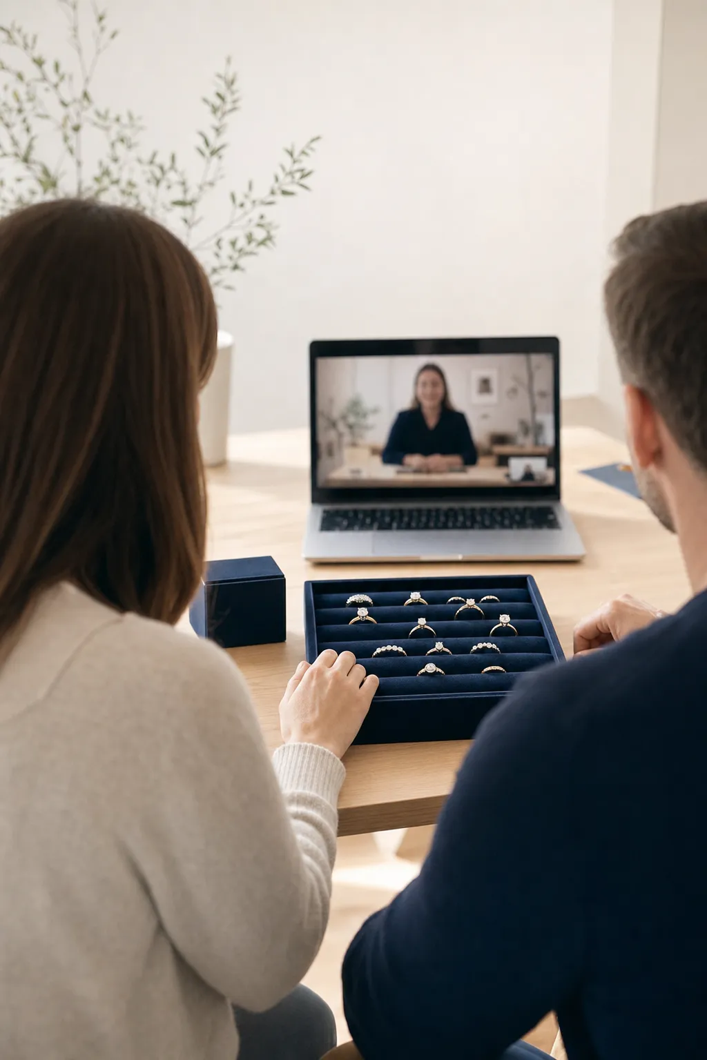 Blick von hinten auf zwei Personen am hellen Tisch mit Ringtablett, im Hintergrund ein Laptop mit unscharfem Videoanruf, Sinnbild für die Video-Beratung aus Bern