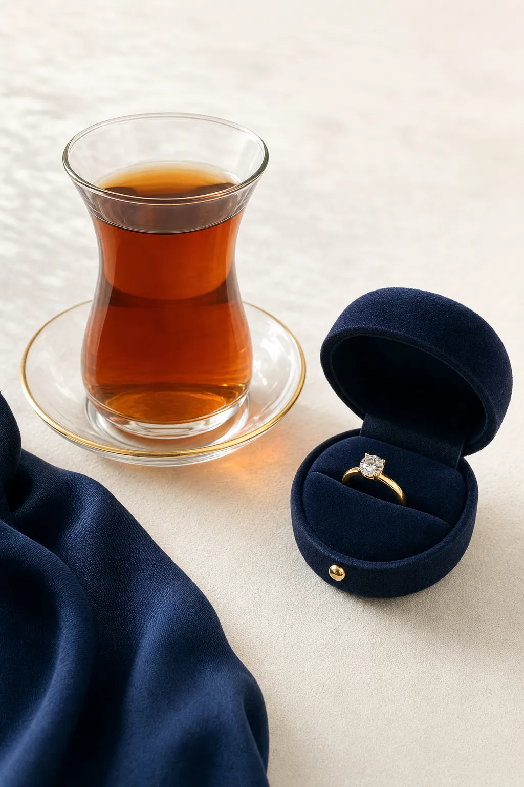 Ein türkisches Teeglas neben einer navyblauen Ringbox mit einem Solitär-Ring auf einem hellen Tisch