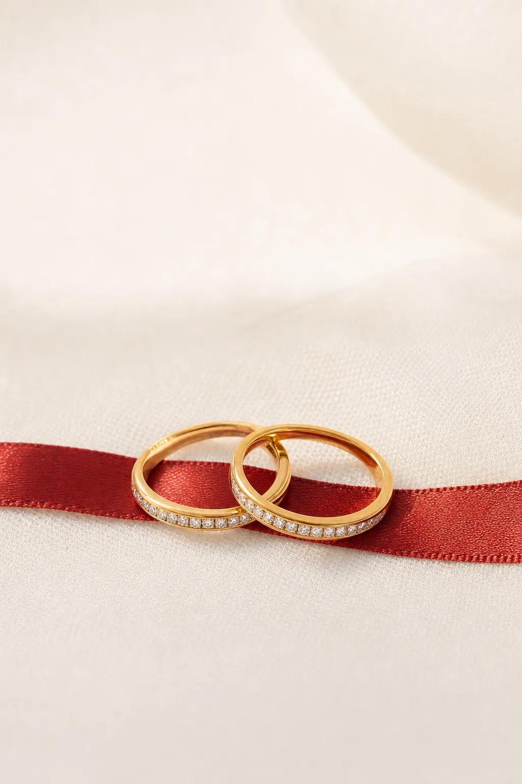 Ein Set aufeinander abgestimmter gelbgoldener Eheringe auf einem hellen Tuch, nahe an ein rotes Band gelegt