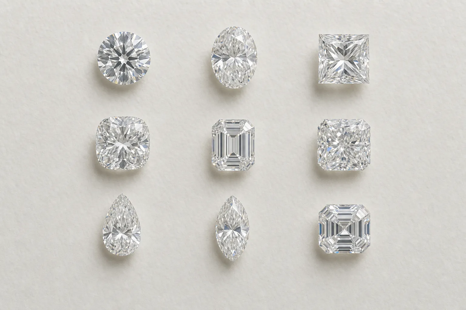 Neun lose Diamanten in verschiedenen Schliffen ordentlich in einem Raster auf hellem Papier angeordnet