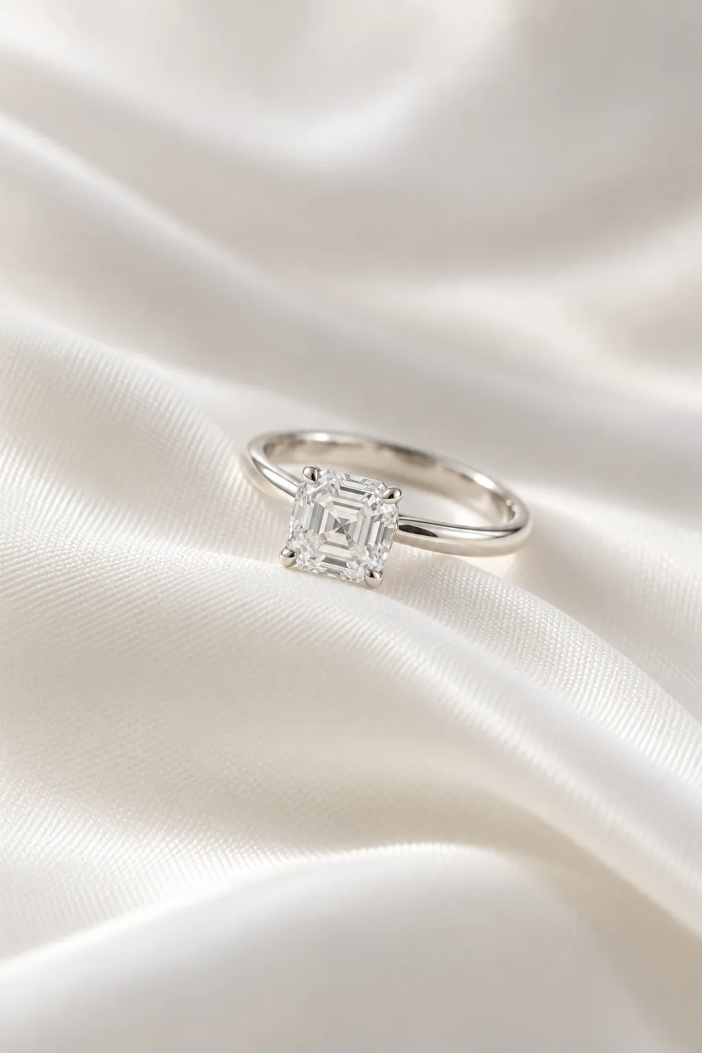 Verlobungsring mit Asscher-Diamant in Platin auf einer Welle aus elfenbeinfarbener Seide, quadratischer Treppenschliff mit abgeschrägten Ecken