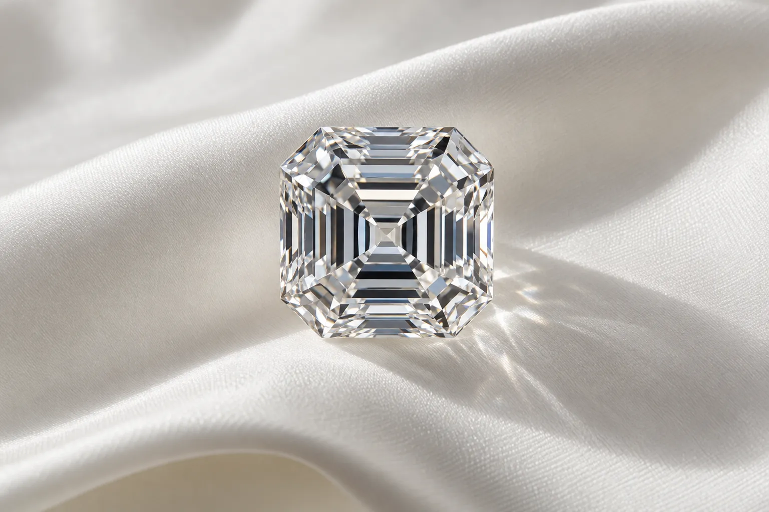 Loser Asscher-Diamant von oben auf weisser Seide, quadratisch mit abgeschrägten Ecken und konzentrischen Stufen