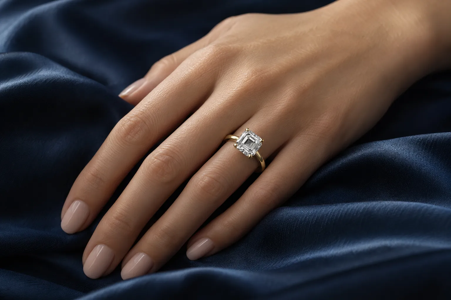 Hand auf navyblauer Seide mit Verlobungsring in Gelbgold, Asscher-Diamant mit abgeschrägten Ecken in vier Krappen