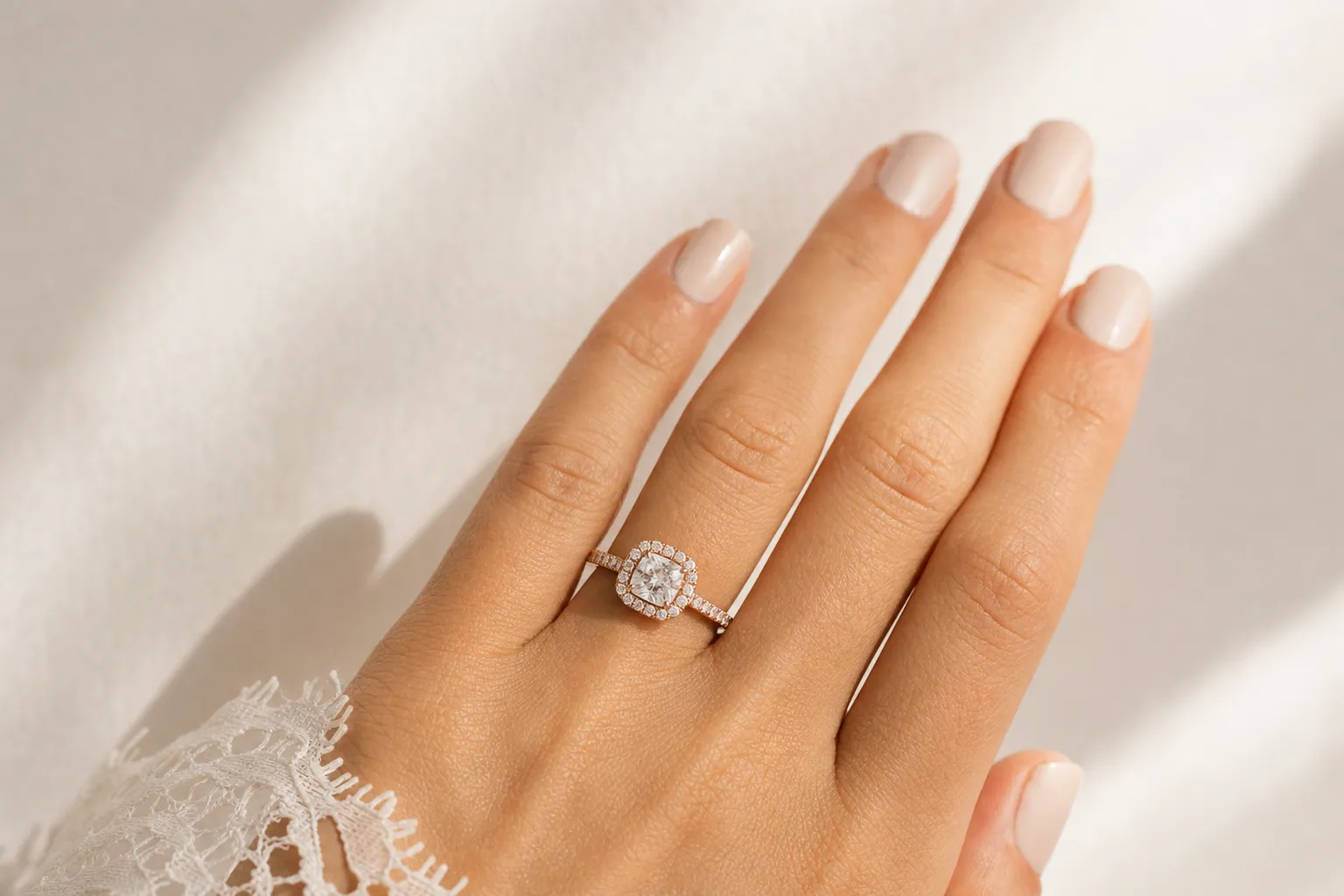 Halo-Verlobungsring mit Kissenschliff-Diamant in Roségold, umgeben von einem Kranz kleiner Steine