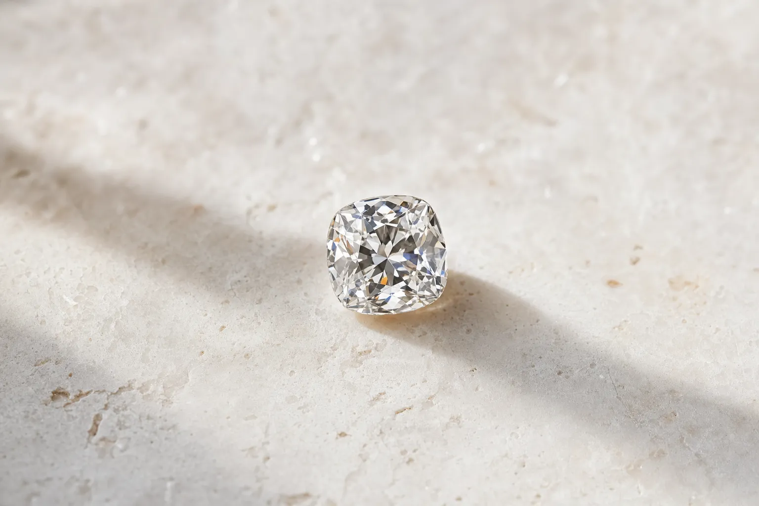 Loser Cushion-Cut Diamant, weich abgerundetes Quadrat, auf warmweisser Steinfläche, Makro