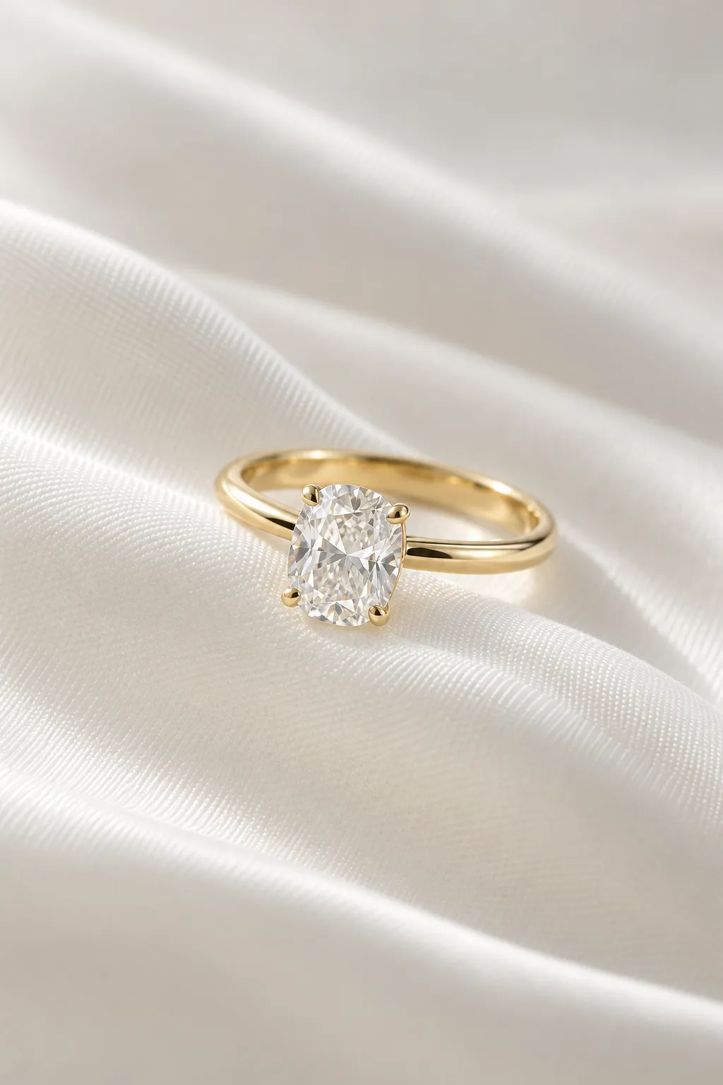 Verlobungsring mit Elongated-Cushion-Diamant in Gelbgold auf einer Welle aus elfenbeinfarbener Seide, länglicher Kissenschliff mit runden Ecken