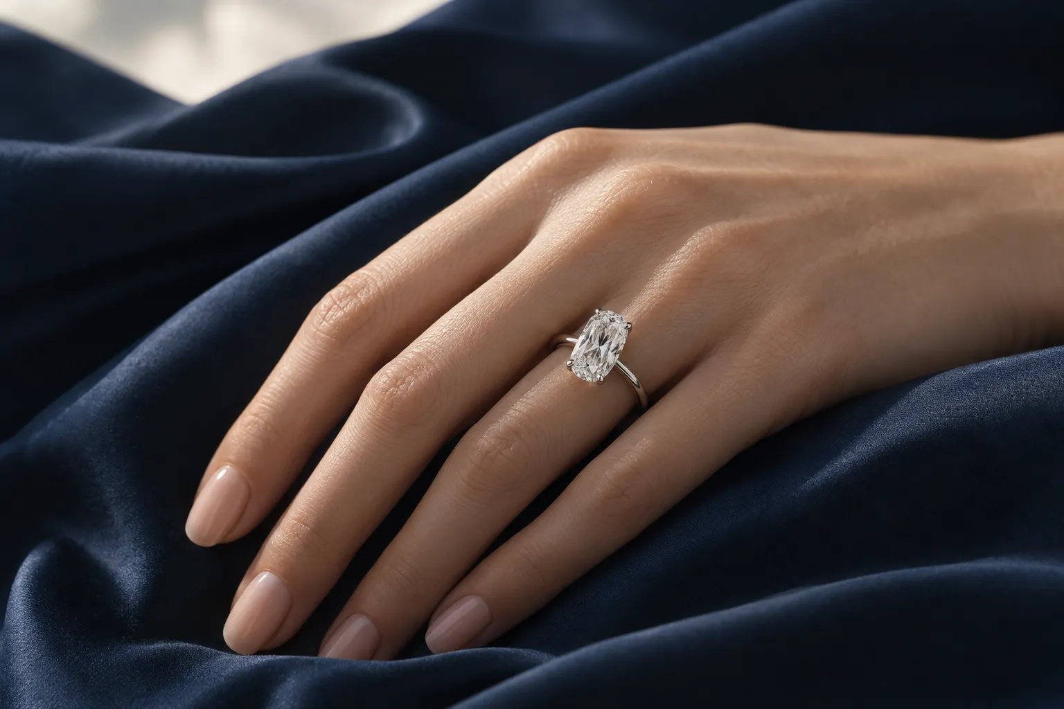Hand auf navyblauer Seide mit Platin-Solitär, Elongated-Cushion-Diamant längs am Ringfinger getragen