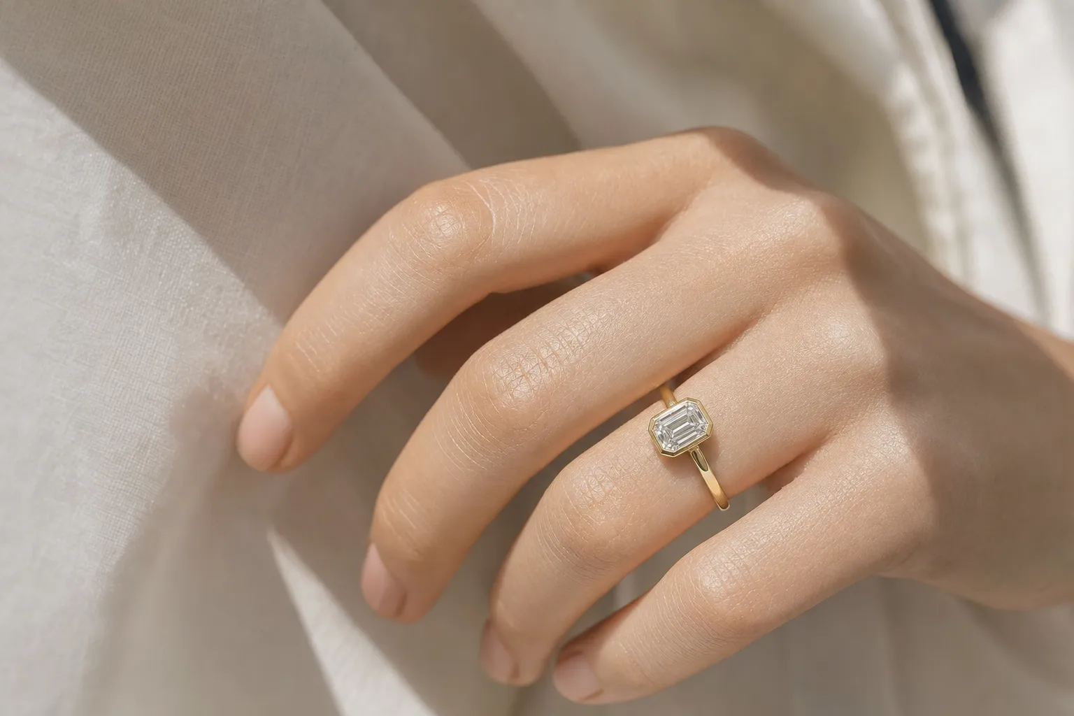 Emerald-cut diamond in a bezel setting, yellow gold, calm geometric line