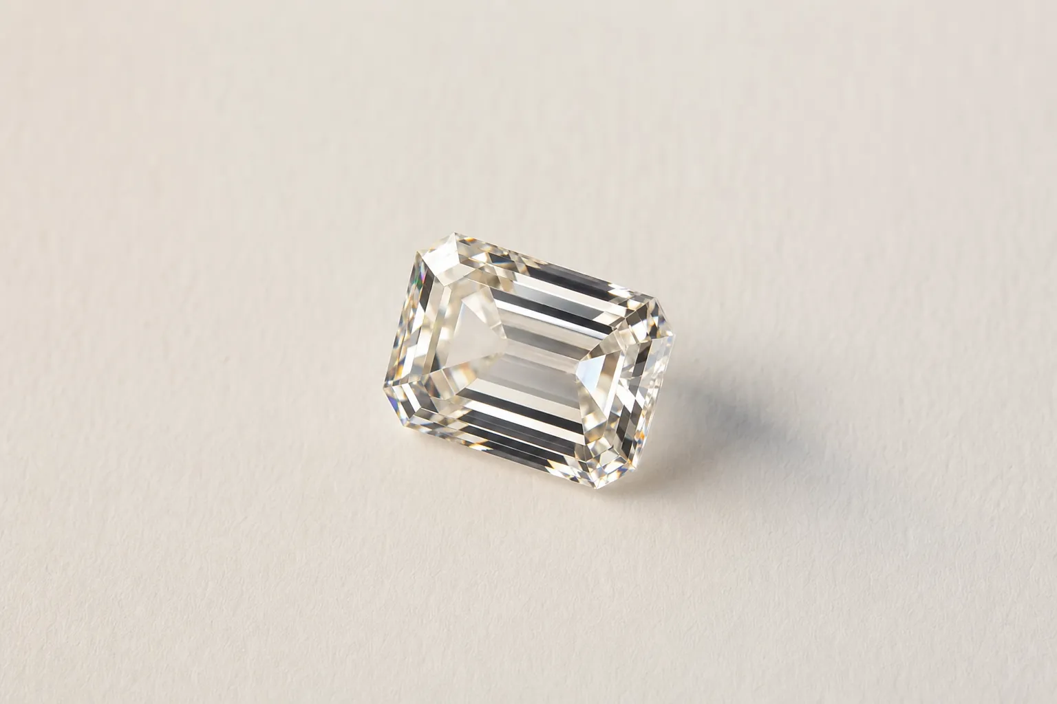Loser Diamant im Smaragdschliff auf warmem weissem Papier, typischer Partnerstein für einen Toi et Moi Ring