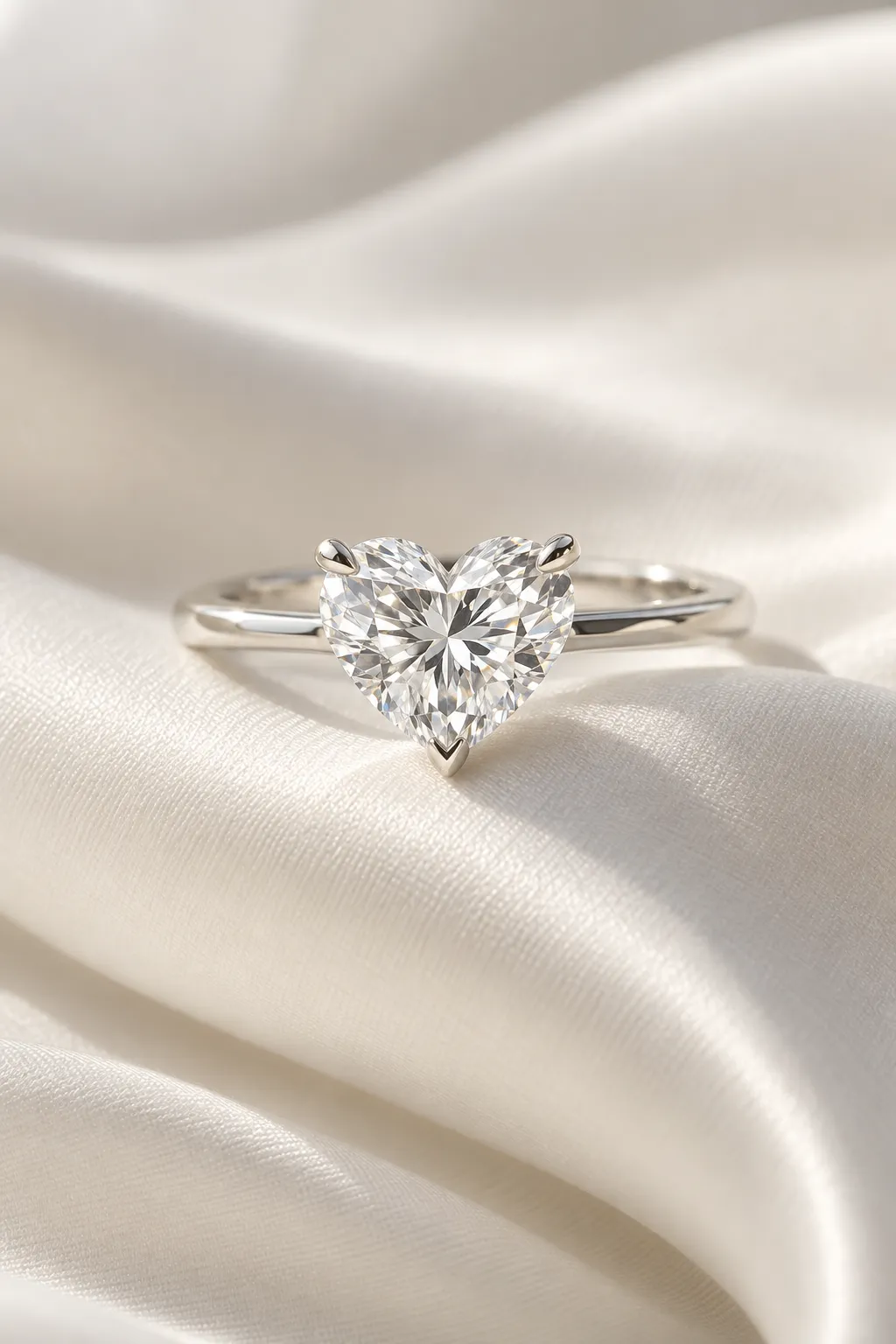 Verlobungsring mit Herzschliff-Diamant in Weissgold auf einer Welle aus elfenbeinfarbener Seide, symmetrisches Herz mit drei Krappen