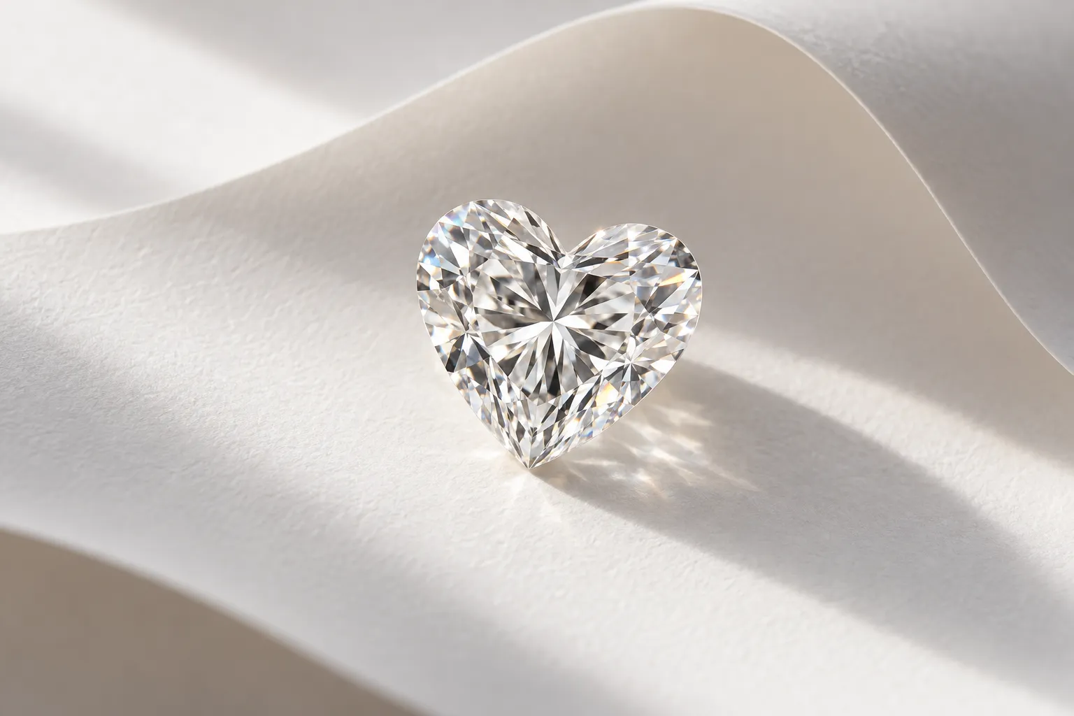 Loser Herzschliff-Diamant von oben auf geschwungenem weissem Papier, symmetrische Bögen und feine Spitze