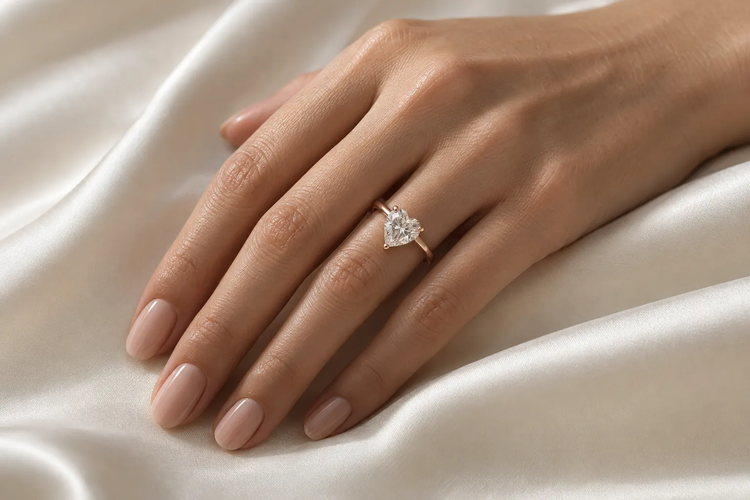 Hand auf heller Seide mit Rosegold-Solitär, Herzschliff-Diamant mit drei Krappen am Ringfinger