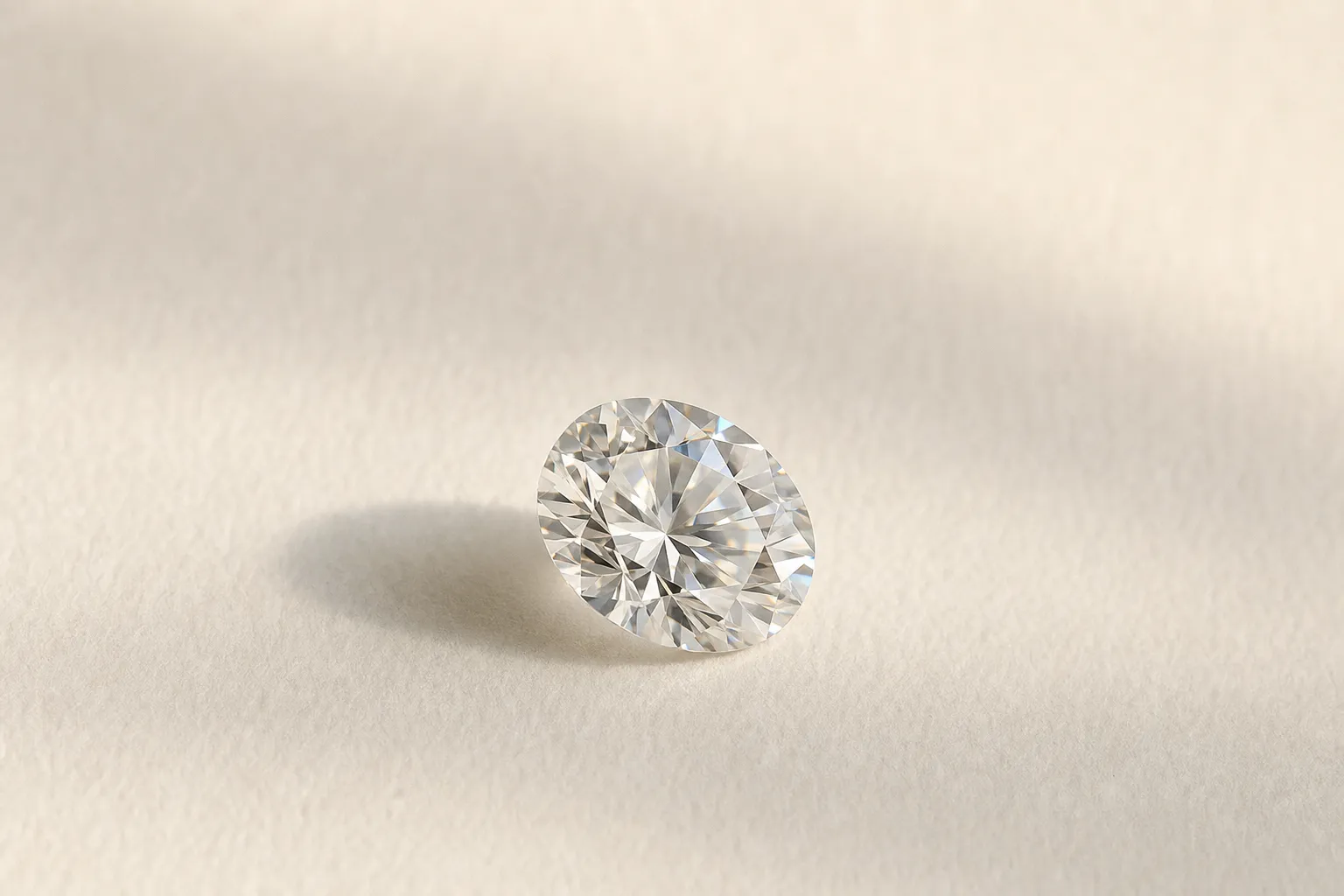 Loose oval brilliant-cut diamond on warm white paper, close-up of the facets