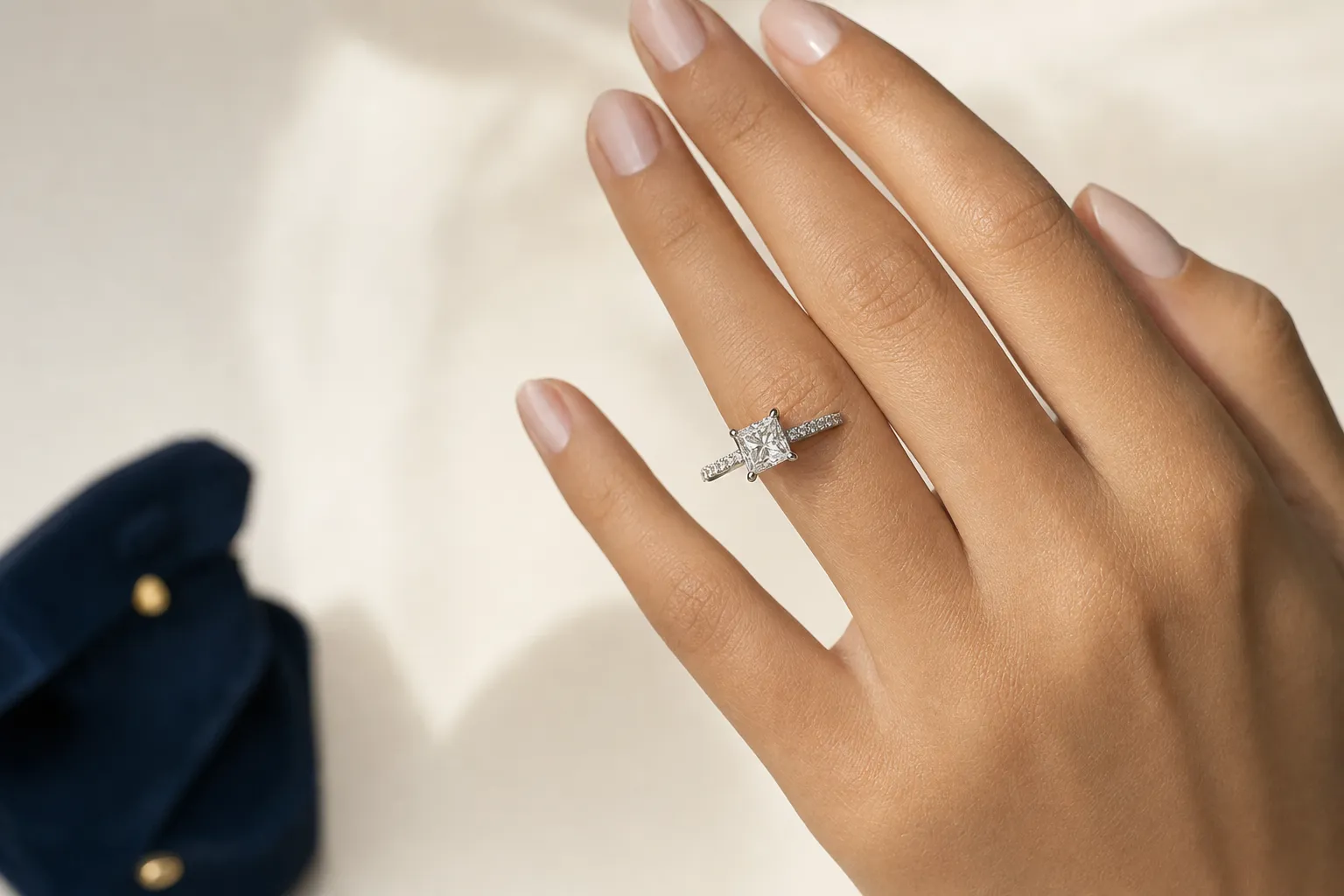 Princess-Cut Diamantring in Weissgold mit schmaler Pavé-Schiene an einer Hand, Tageslicht