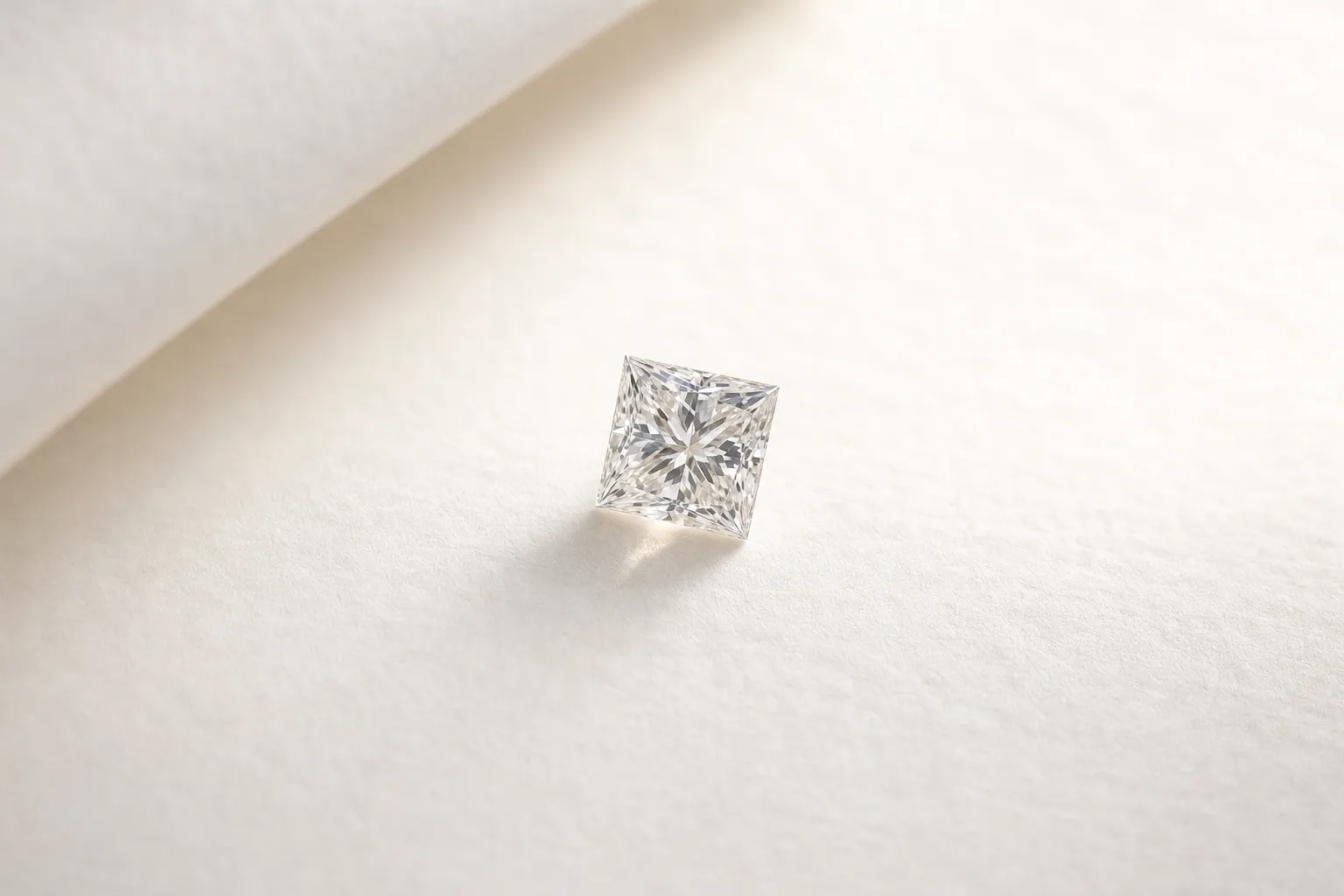 Loser Princess-Cut Diamant, quadratisch mit scharfen Ecken, auf warmweissem Papier, Makro