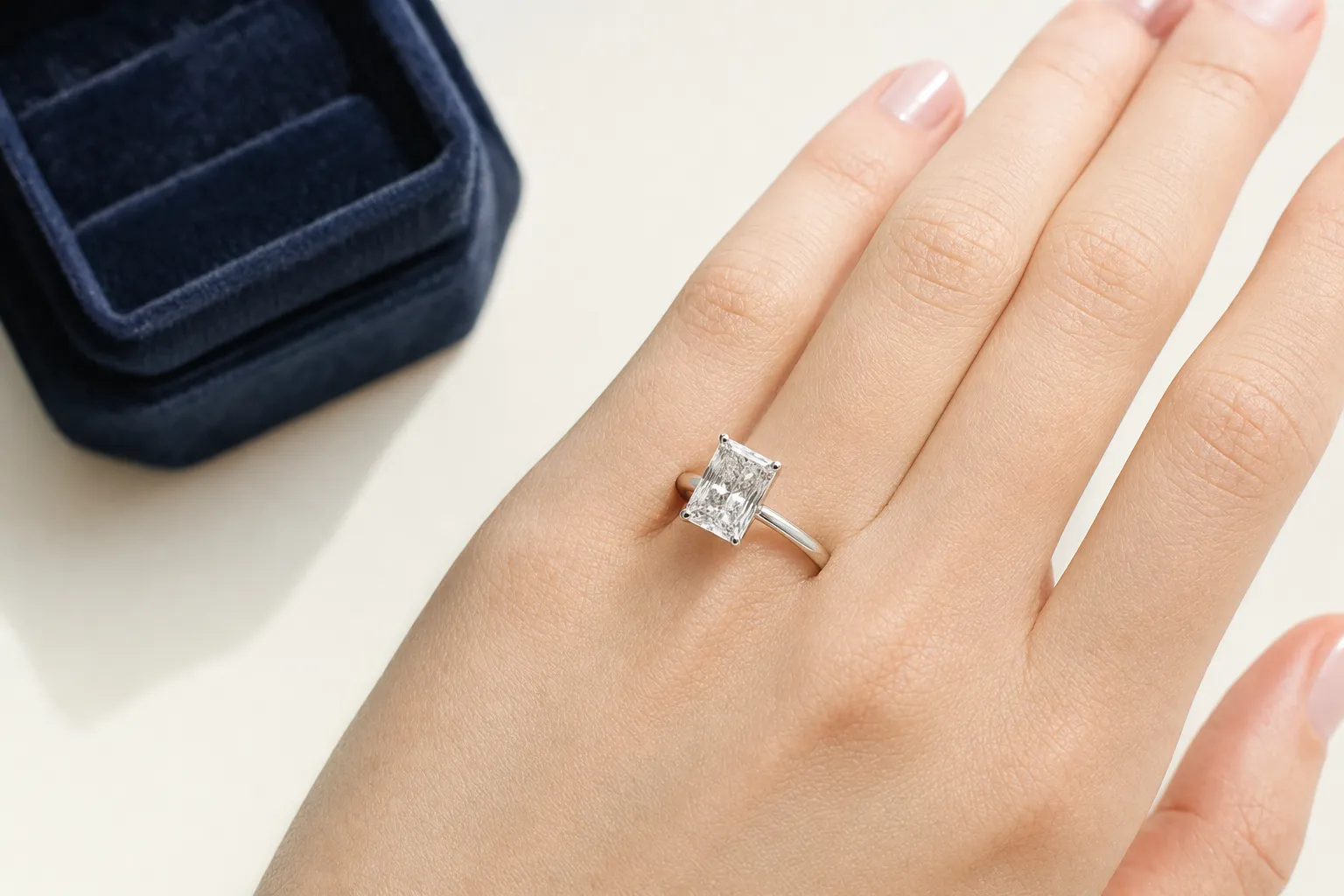 Ein Verlobungsring mit Radiant-Cut-Diamant in Weissgold an einer Hand, kräftiges Funkeln im Tageslicht