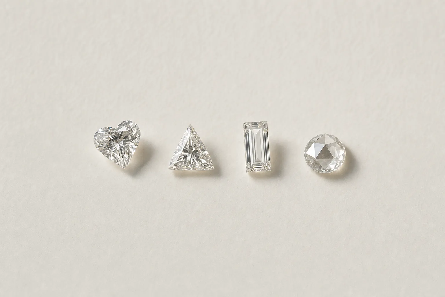 Vier seltene Diamantschliffe in einer Reihe: Herz, Trillion, Baguette und Rosenschliff, auf hellem Papier