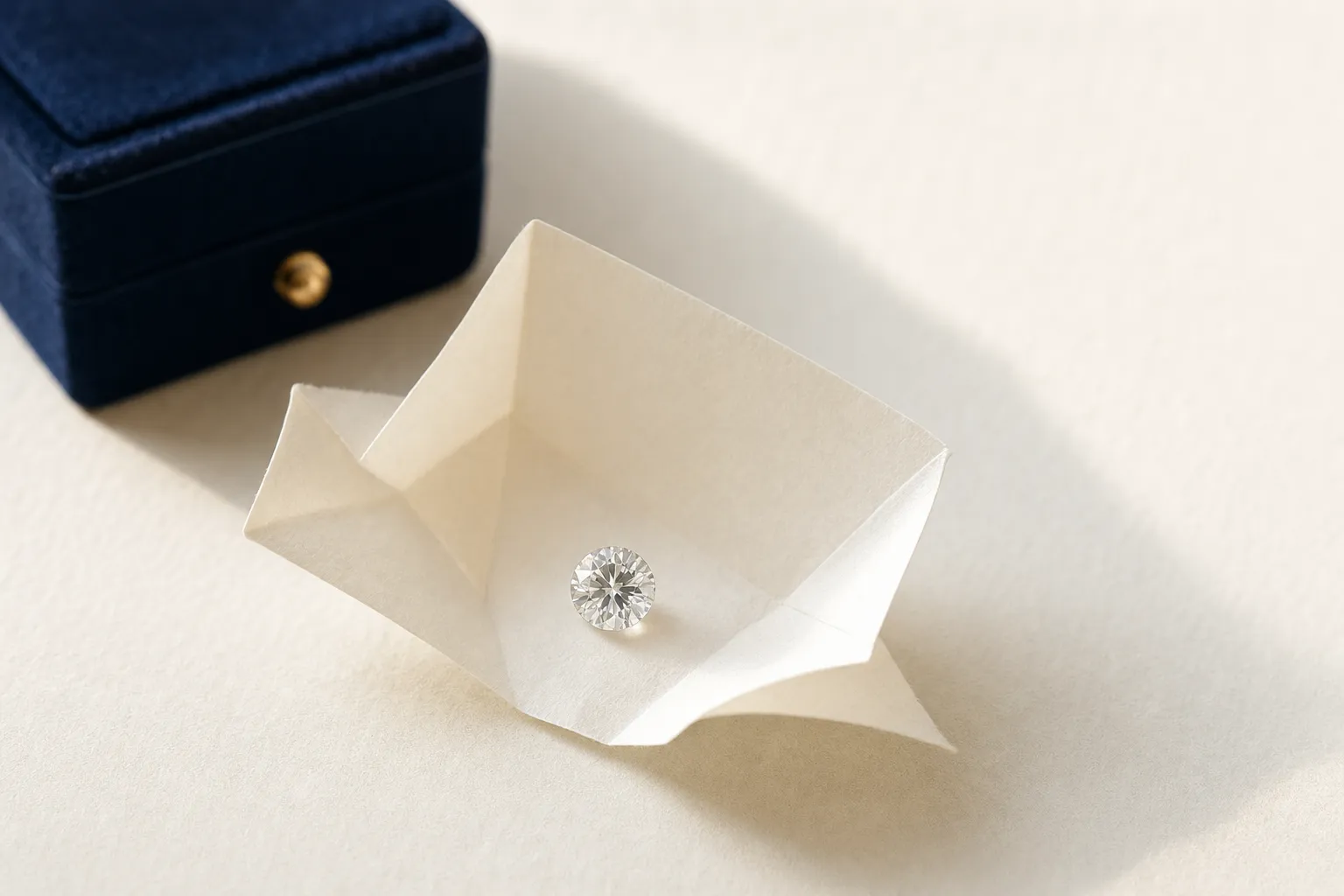 Ein geöffnetes Diamantpapier mit einem einzelnen runden Diamanten auf hellem Untergrund