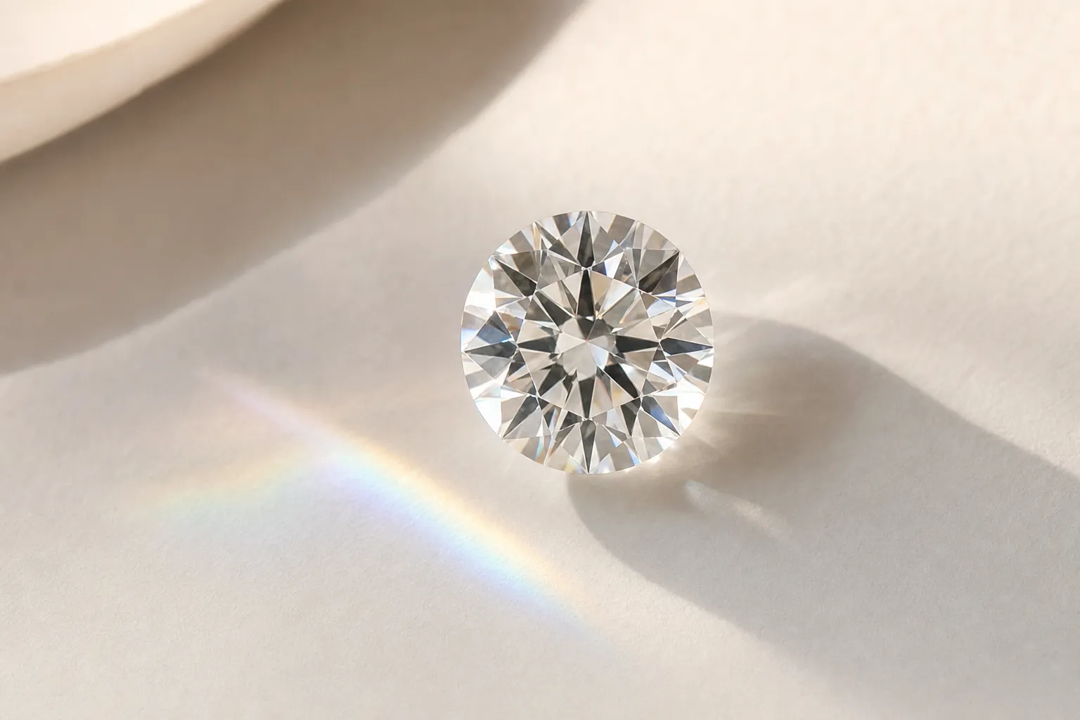 Un diamant taille brillant rond avec un léger reflet arc-en-ciel sur fond blanc chaud