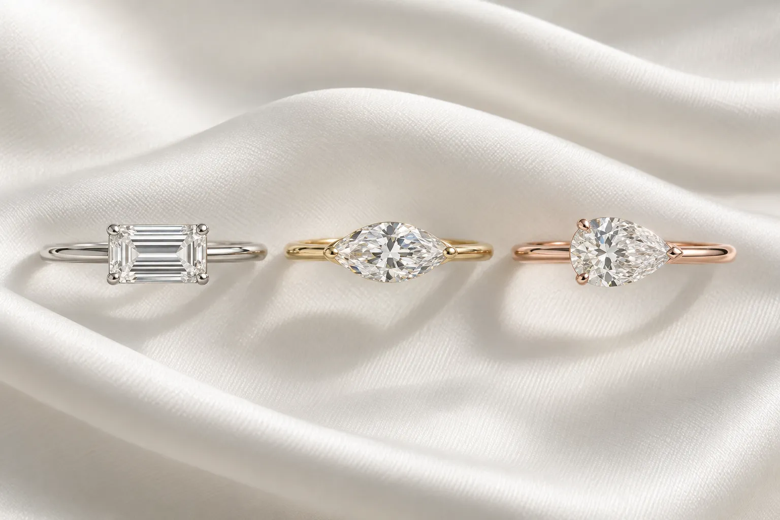 Drei East-West-Verlobungsringe auf weisser Seide: Emerald Cut in Weissgold, Marquise in Gelbgold und Tropfen in Roségold, alle Steine quer zum Band gefasst