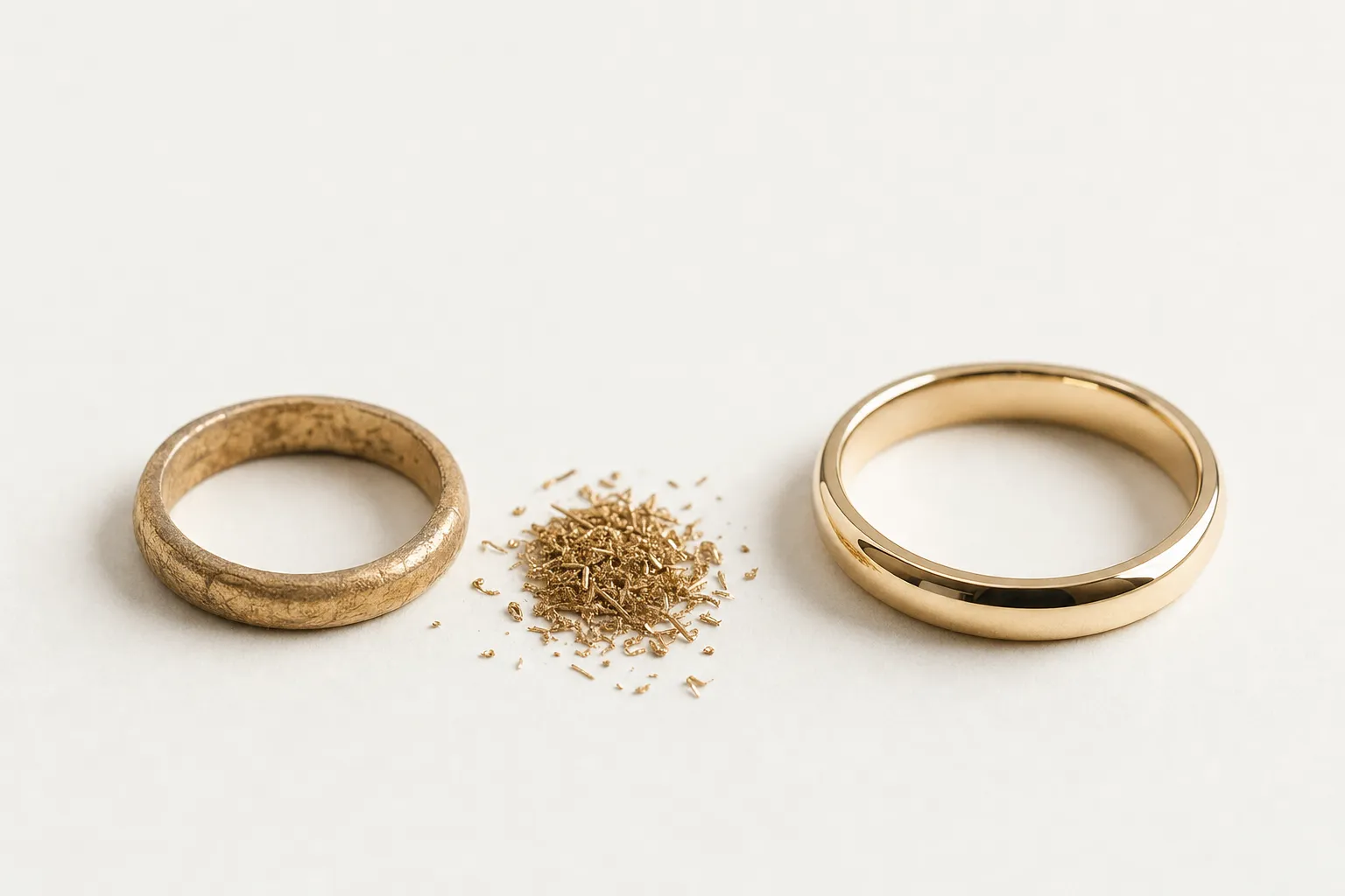 Ein alter, abgetragener Goldring liegt neben Goldspänen und einem neuen polierten Ehering, Symbol für die Umarbeitung von Familiengold