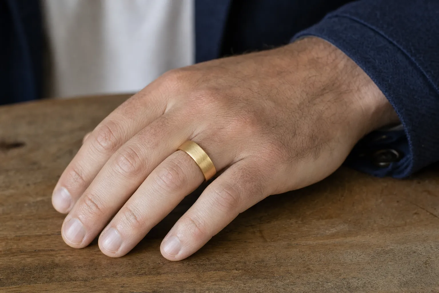 Breiter matt gebürsteter Ehering aus Gelbgold an einer Männerhand, Eheringe für Männer Zürich