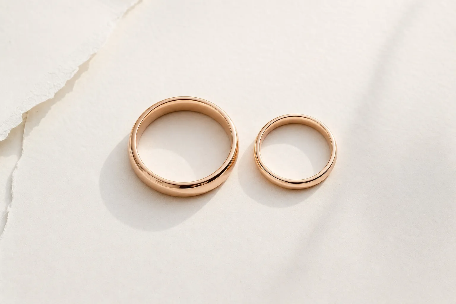 Ein Paar Eheringe aus warmem Roségold, ein breiterer und ein schmalerer Ring, nebeneinander