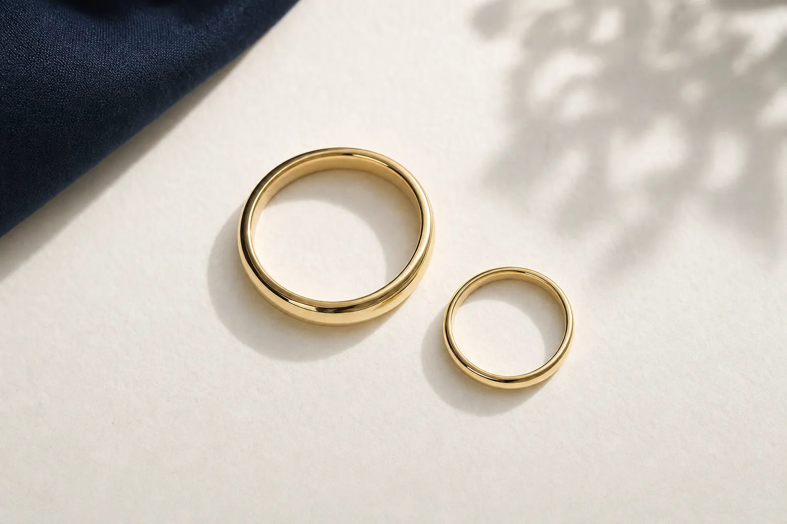 Ein Paar Eheringe aus warmem Gelbgold, ein breiterer und ein schmalerer Ring, nebeneinander