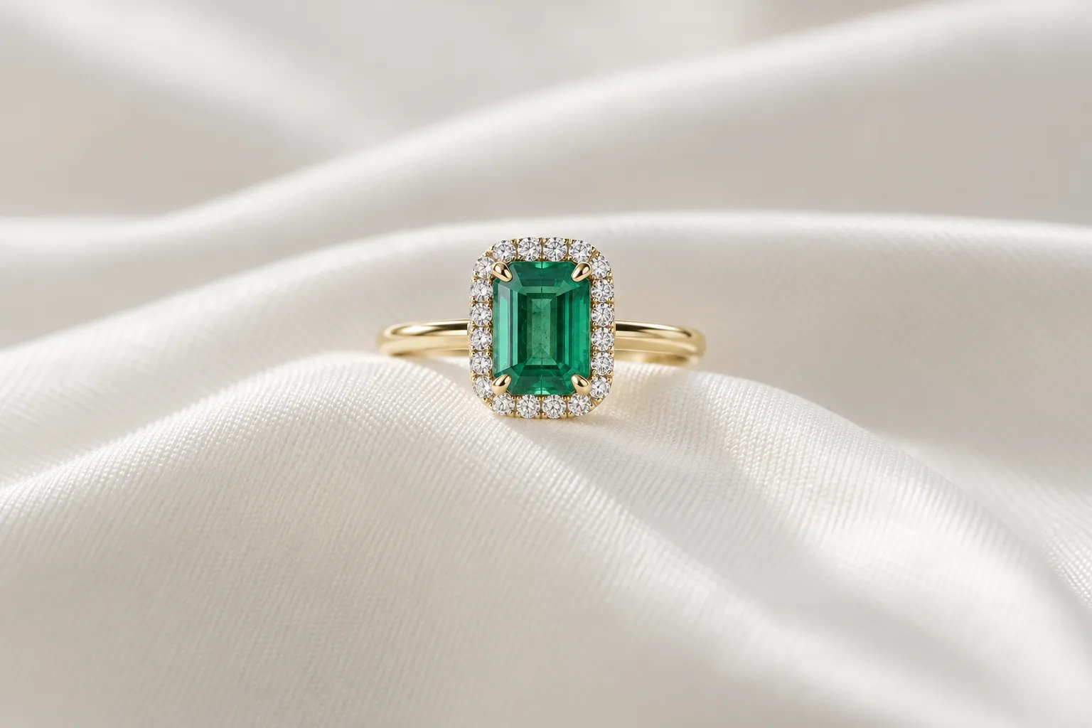 Engagement ring with a deep green emerald-cut emerald, diamond halo and yellow gold on a wave of pale silk
