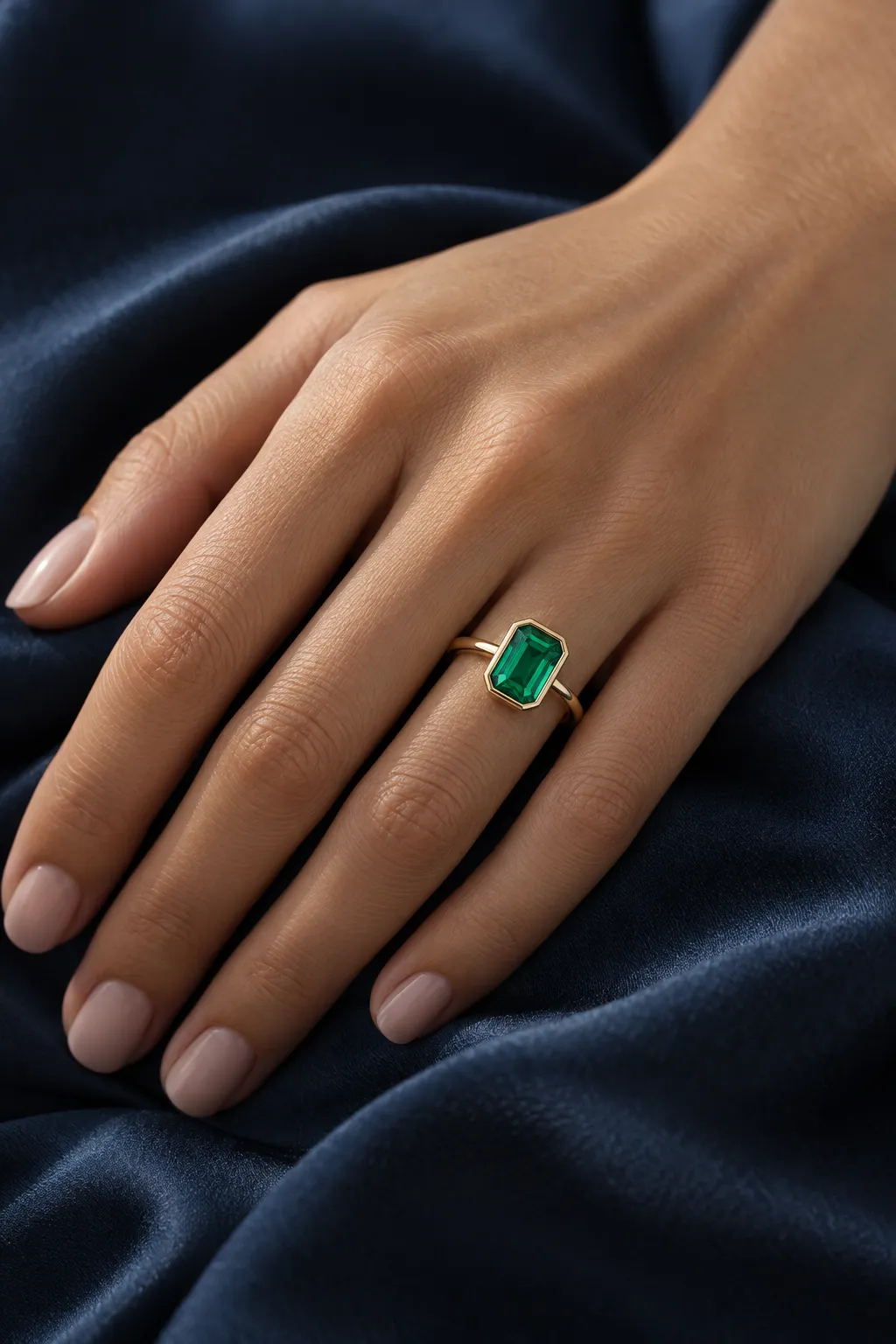 Hand on navy silk wearing an emerald engagement ring in a protective yellow gold bezel setting on the ring finger
