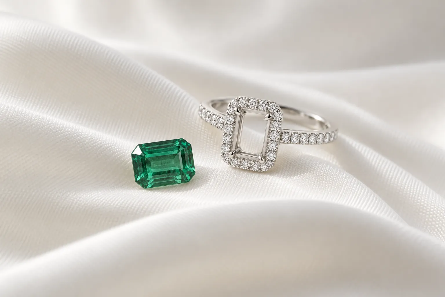 Loose deep green emerald-cut emerald with a fine jardin next to a platinum halo setting on white silk