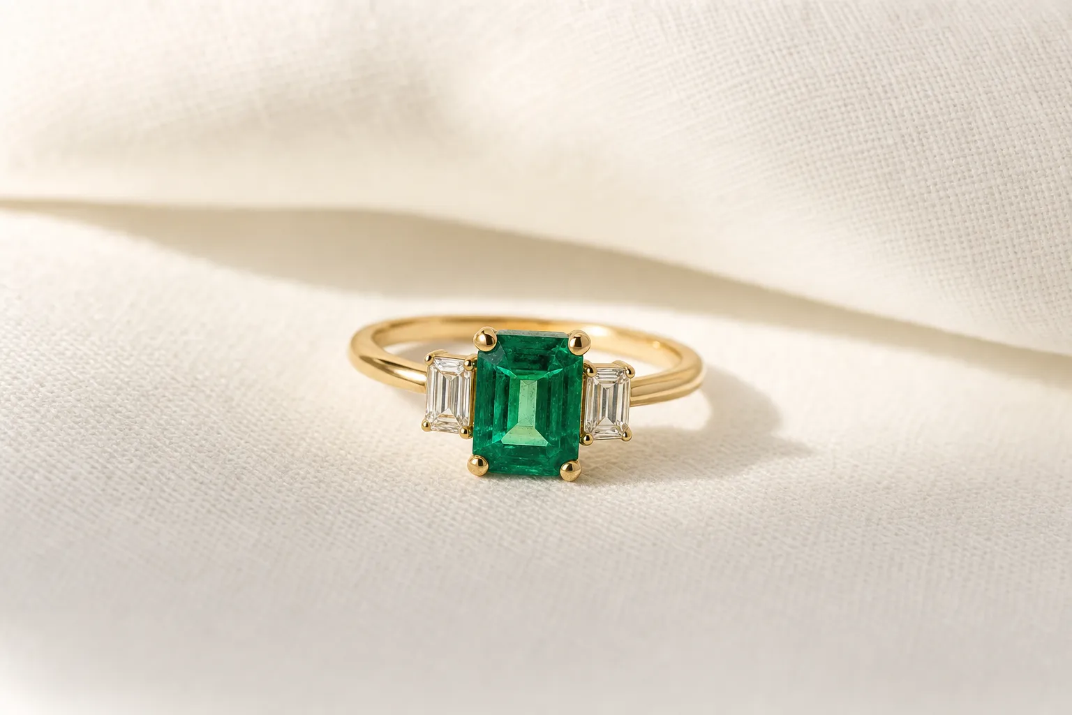 Smaragdgrüner Ring im Smaragdschliff in Gelbgold auf hellem Leinen