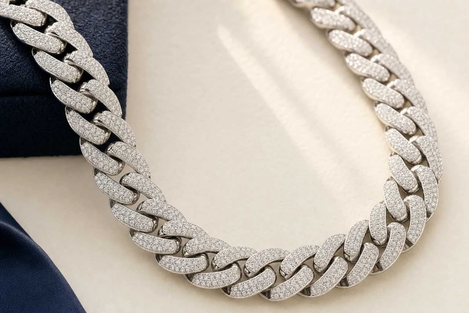 Zinxhir Cuban link iced-out me diamant pavé në ar të bardhë, nga afër