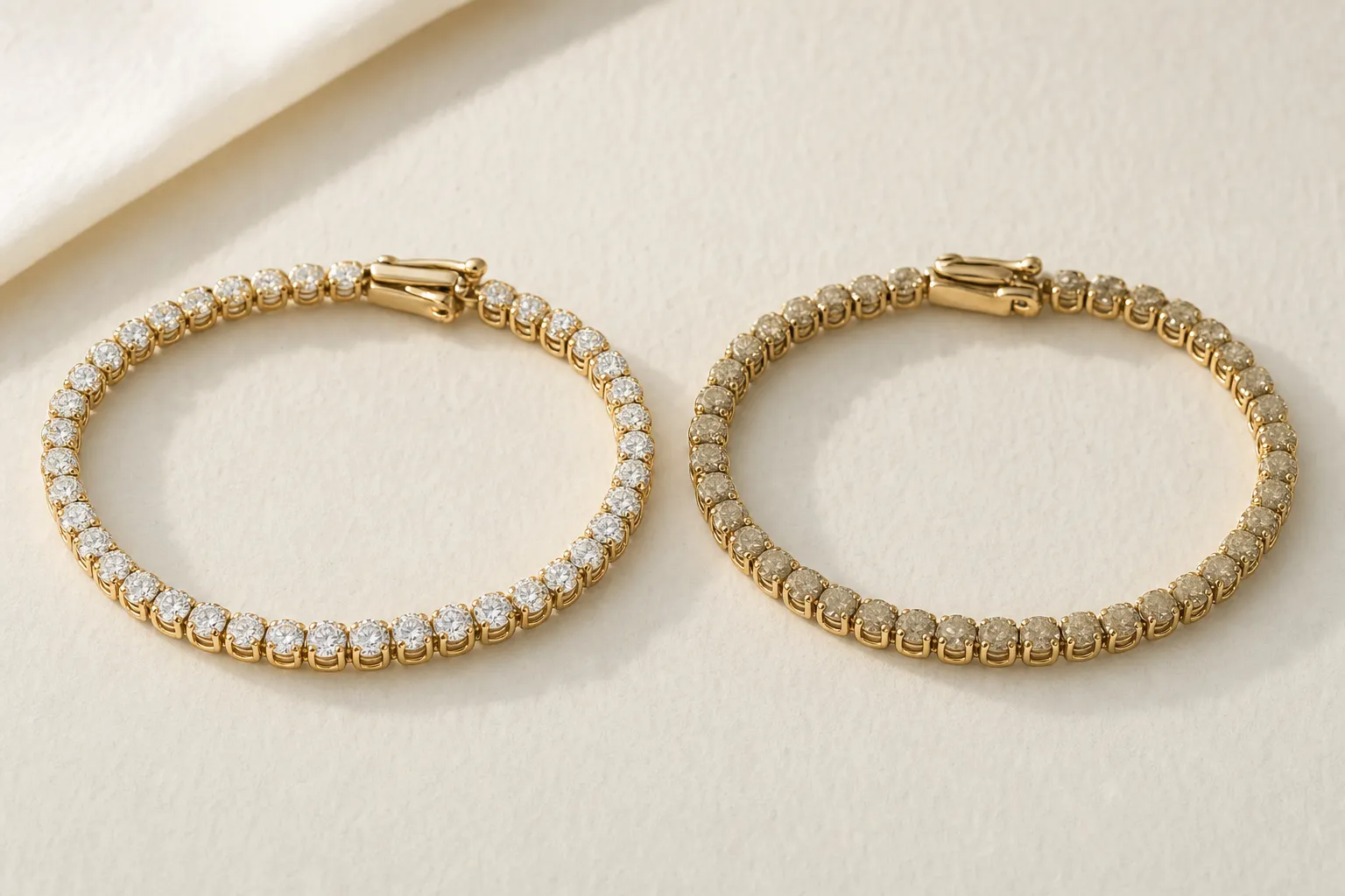 Zwei ähnliche Tennisarmbänder im Vergleich, eines mit klaren, eines mit leicht trüben Steinen