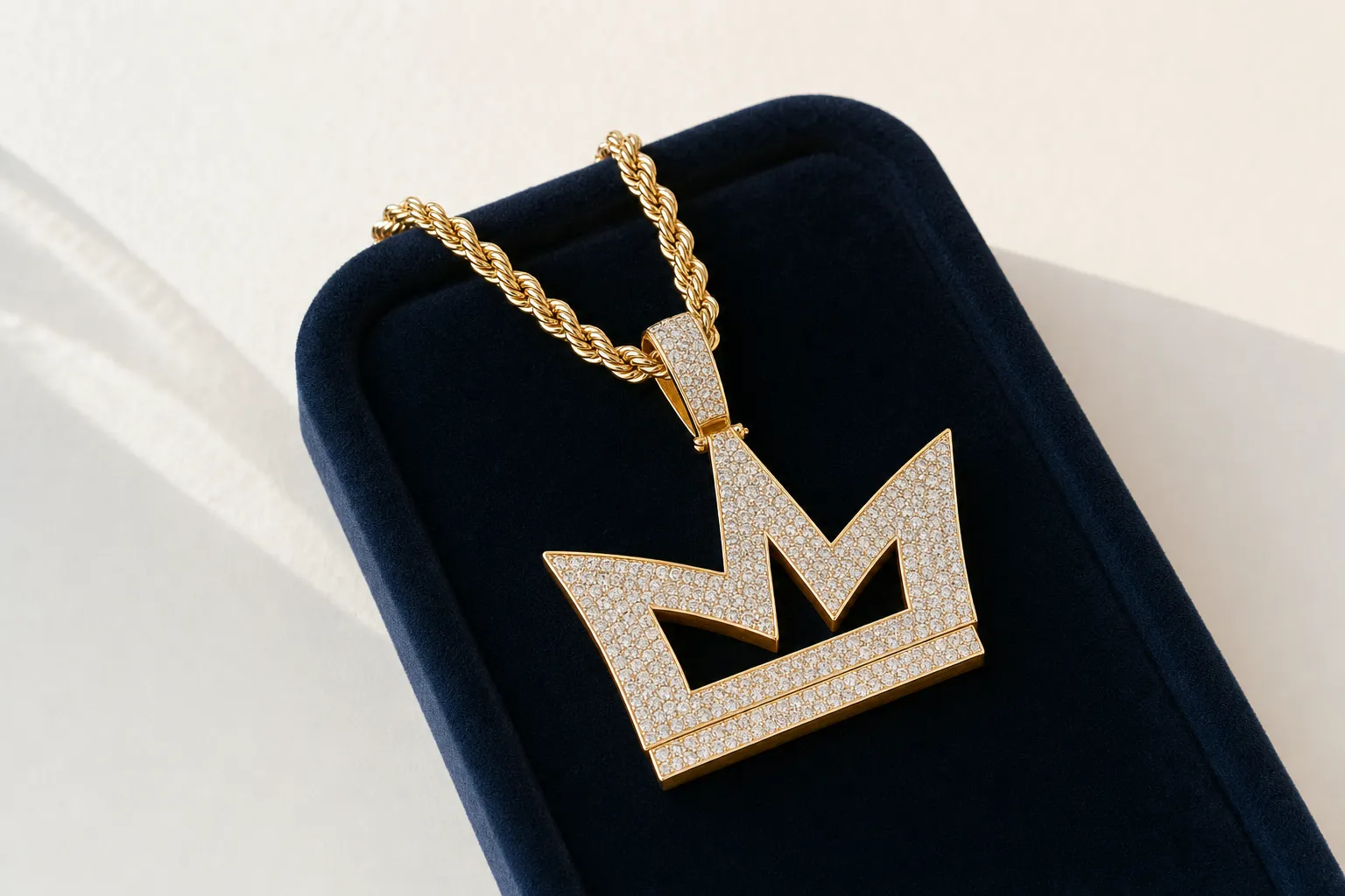 Eine gelbgoldene Rope Chain mit grossem iced-out Custom-Pendant auf navyfarbenem Samttablett
