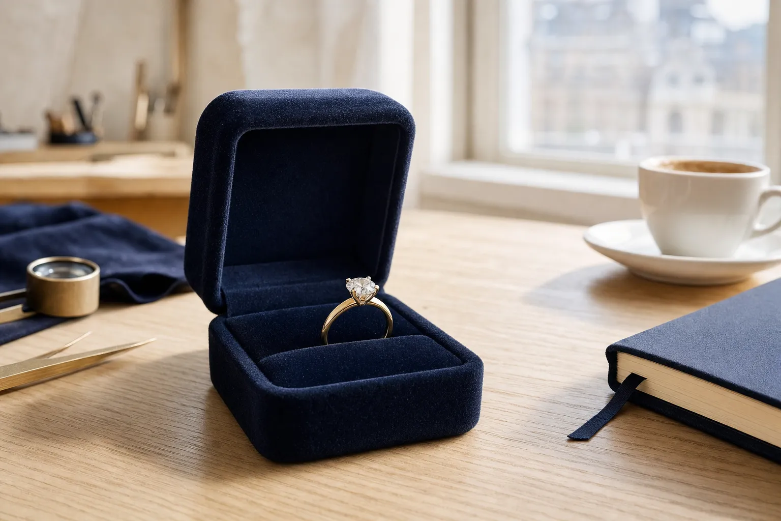Offene Ringbox mit einem Verlobungsring auf einem Holztisch im Atelier in Zürich Kreis 4