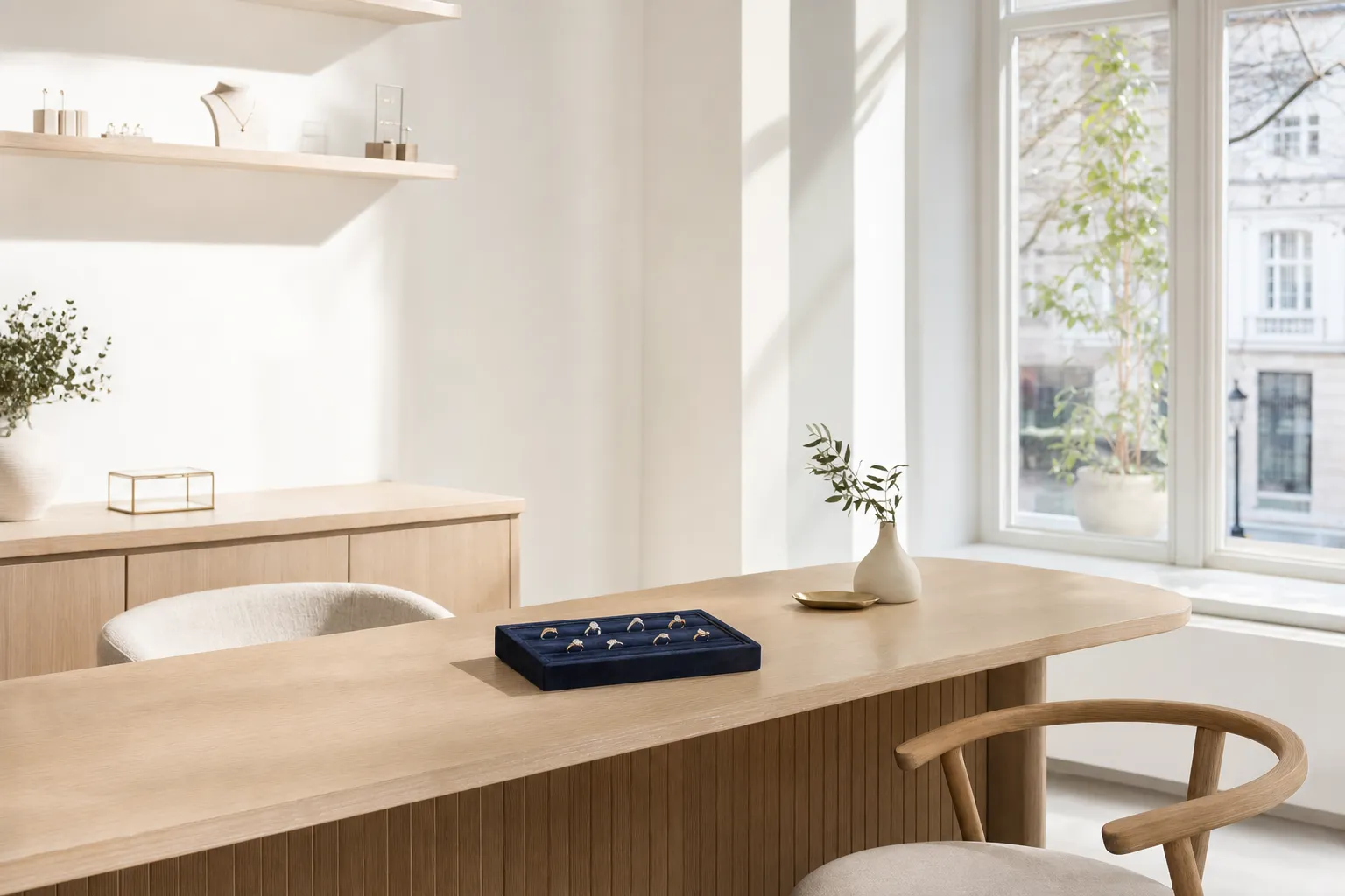 Wide-Einblick in ein helles, modernes Atelier mit Tisch, zwei Stühlen und einem Ringtablett