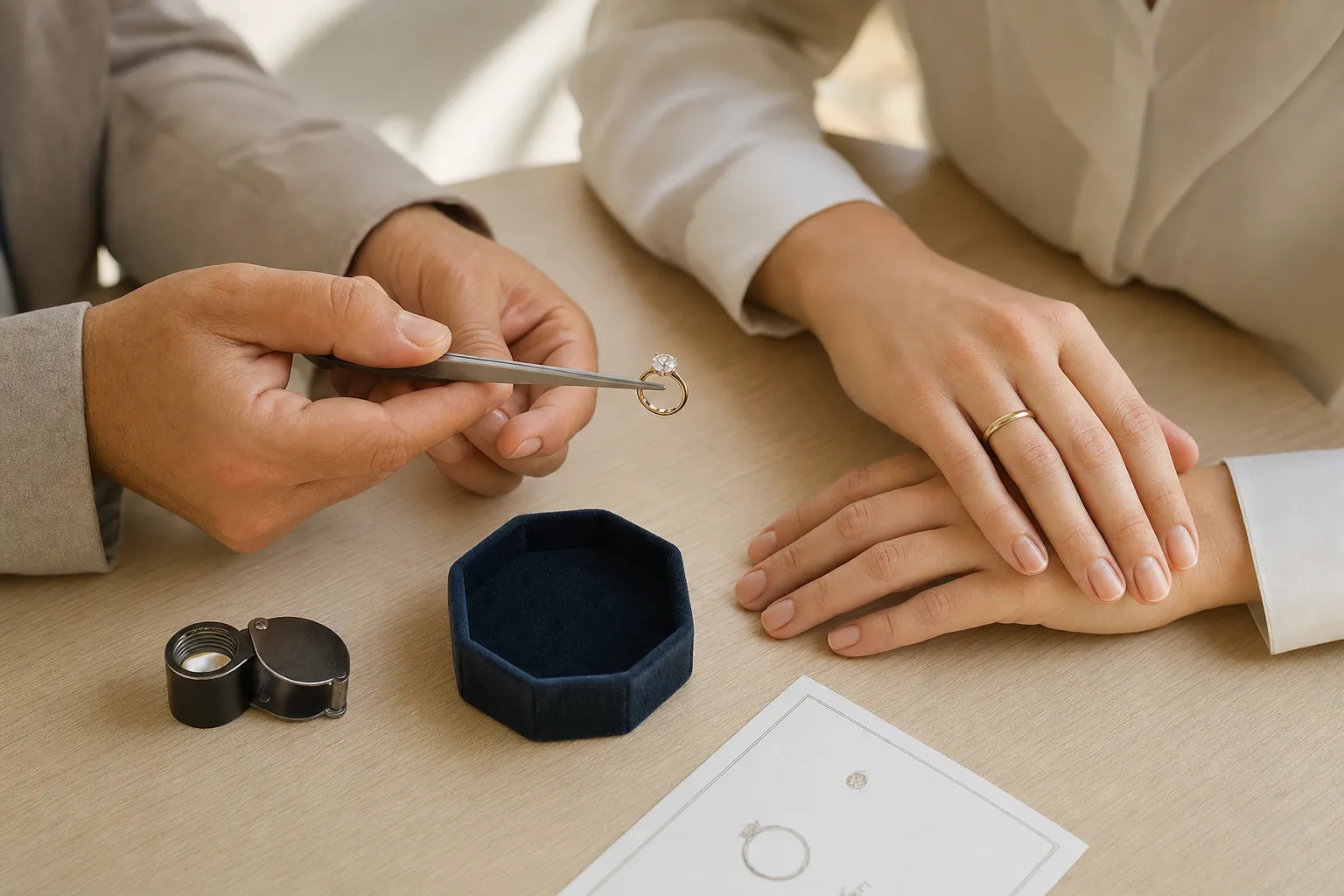 Zwei Hände am Tisch, eine Hand präsentiert einen Diamantring mit der Pinzette, daneben Lupe und Zertifikat