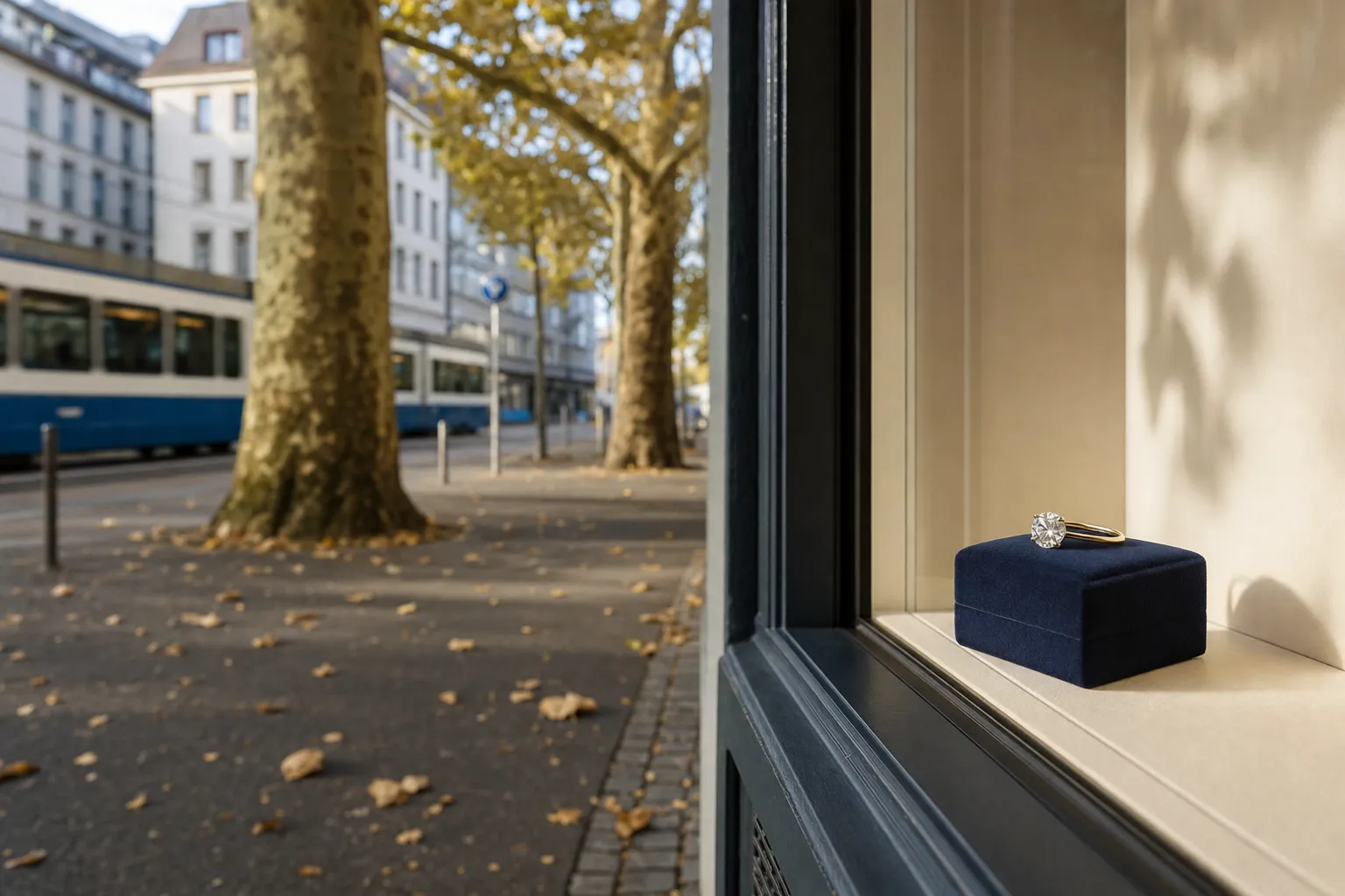 Ruhige Strasse in Zürich Kreis 4 mit Platanen, einer vorbeifahrenden Tram und einem kleinen Schaufenster mit einem Ring auf Navy-Kissen