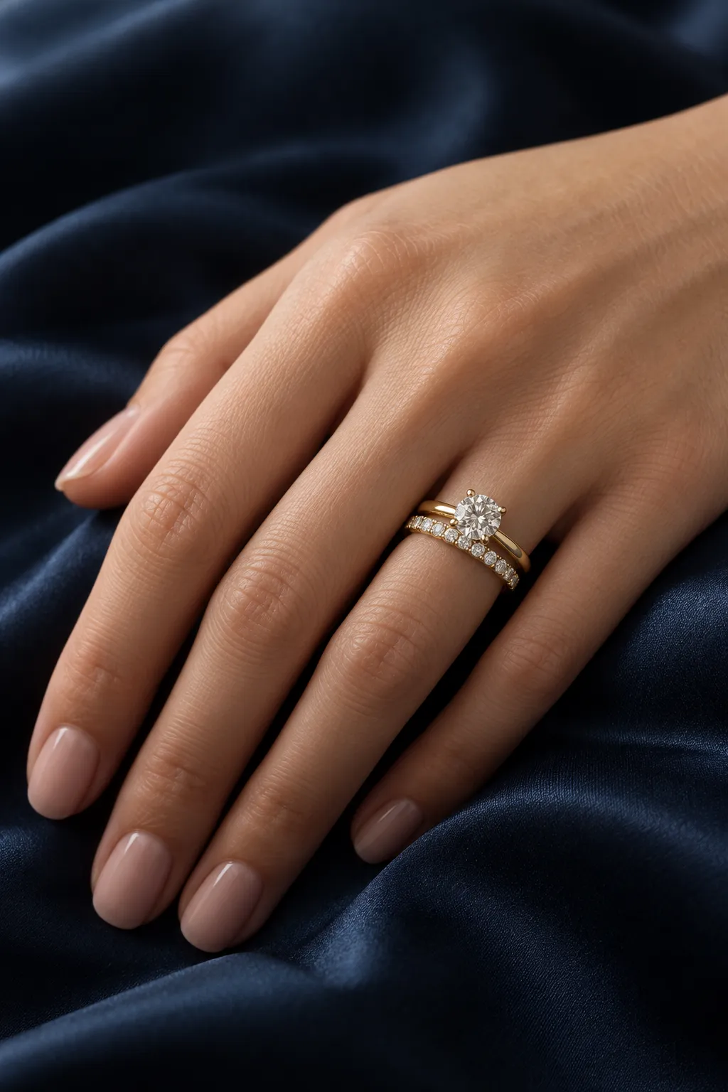 Hand on navy silk wearing a solitaire engagement ring and a yellow gold half eternity ring on the ring finger