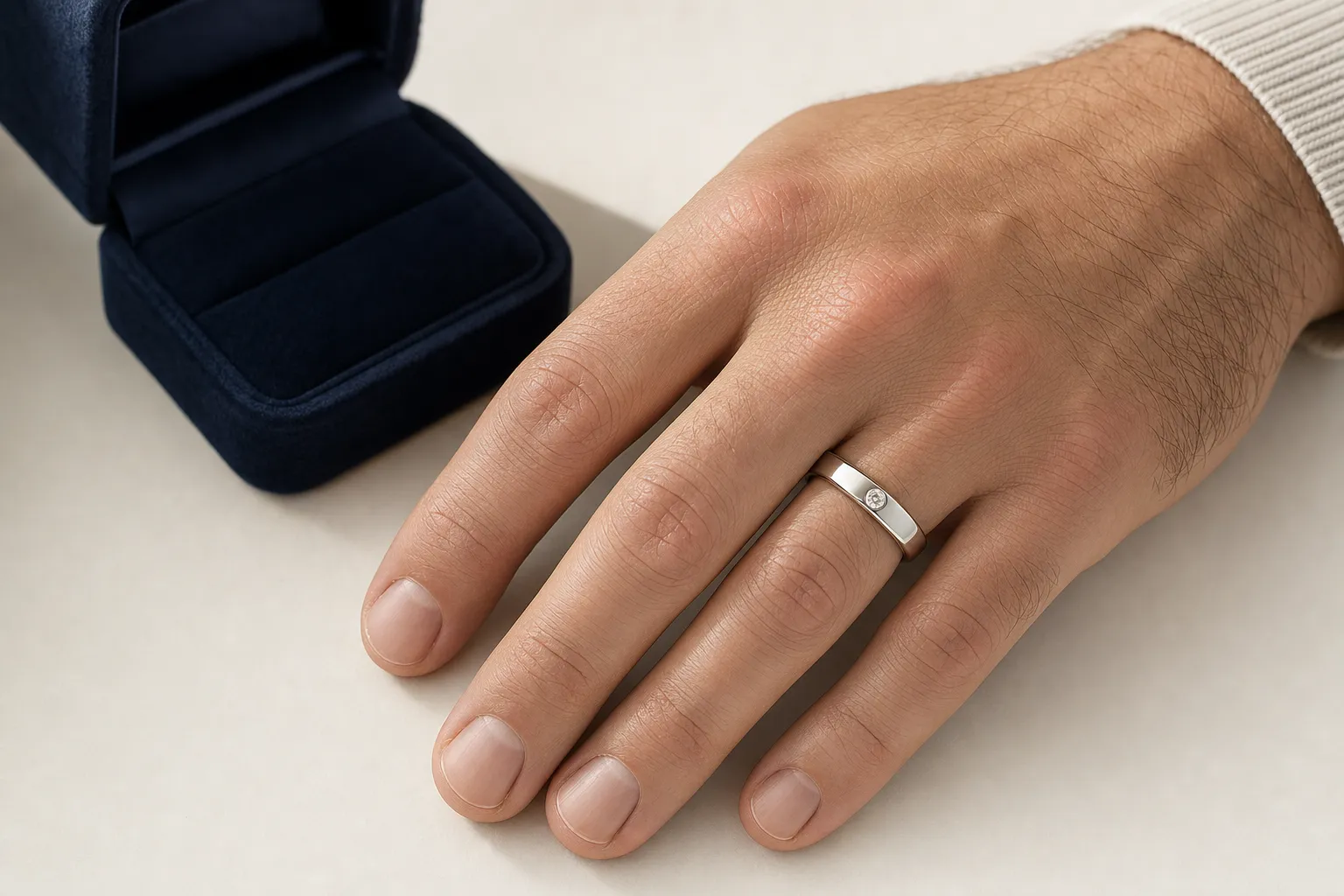 Schlichter Verlobungsring für Männer in Platin mit einem flush-set Diamanten an einer Hand, Tageslicht